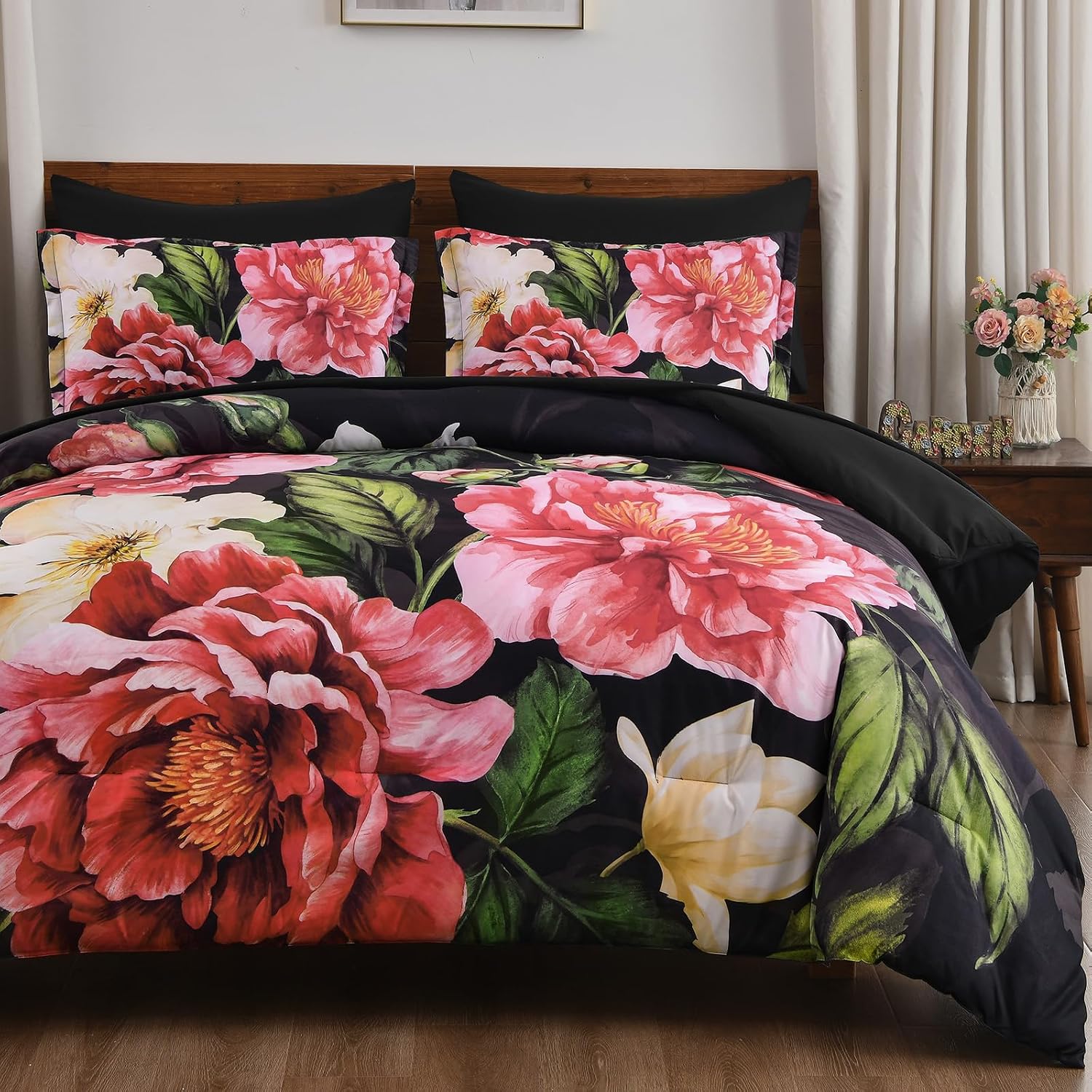 Yiran Floral Comforter Set Queen Size 7 Pieces Bed in a Bag, Red Flower Bed Set, Soft Lightweight Comforter with Sheet Set 90"x90"