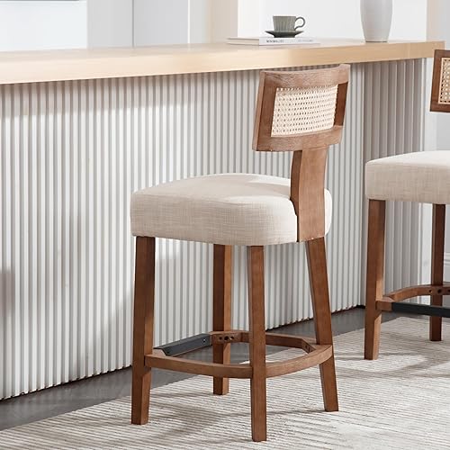 Miniatura 29 de Juego de 2 taburetes de bar de ratán de 26 pulgadas, taburetes de bar de altura de mostrador, taburetes de cocina modernos con respaldo tejido de