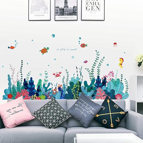Miniatura 3 de RW - 6794 - Adhesivo de pared extraíble 3D bajo el mar con vista al mar, calcomanías de pared de algas marinas coral océano, murales para despegar y