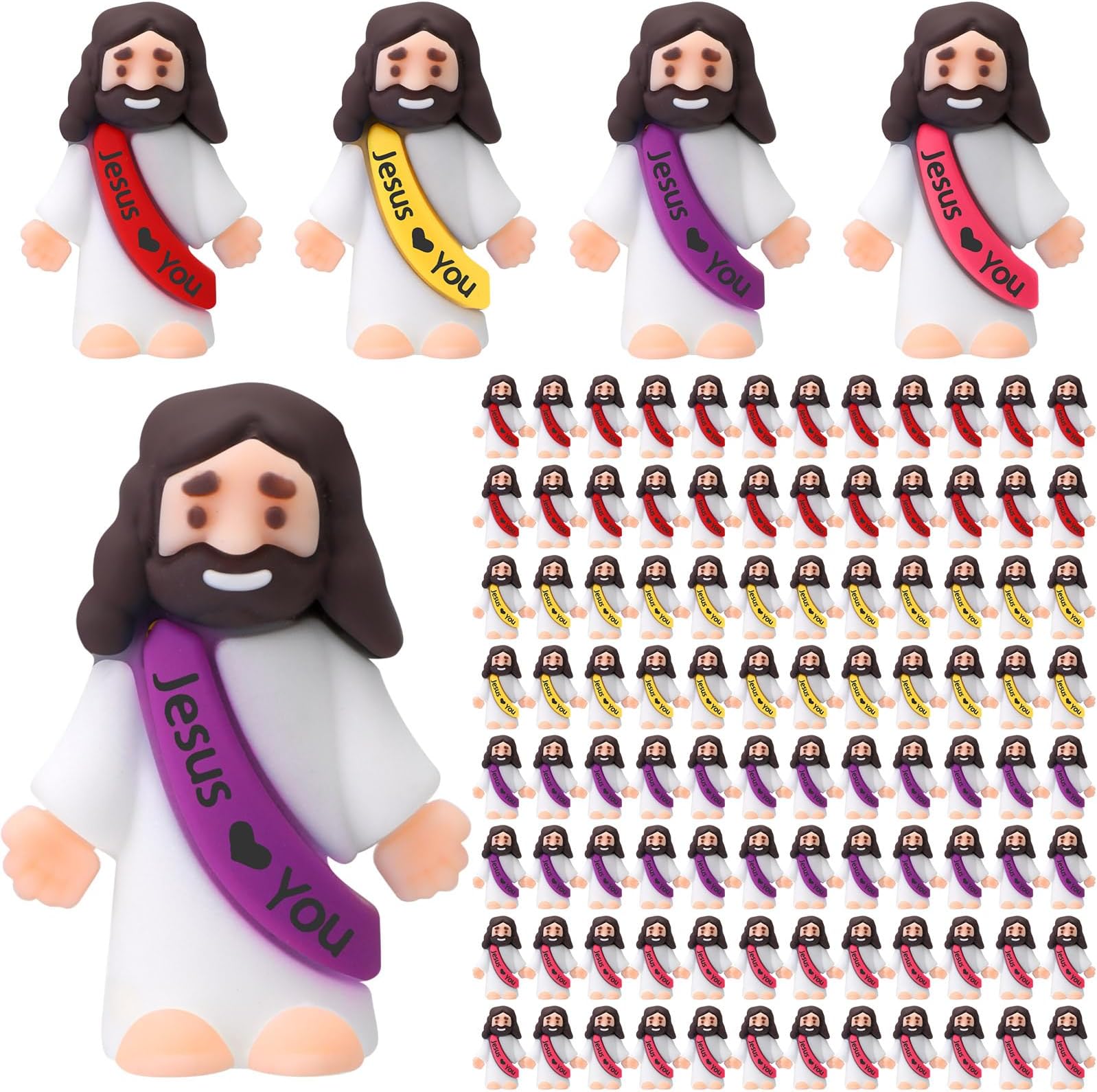 Bememo 100 Pcs Little Jesus Figures Jesus Loves You Original Design Rubber Pocket Toys Little Figures to Hide and Seek Sunday School Religious Party Share Gifts(Bright Colors)
