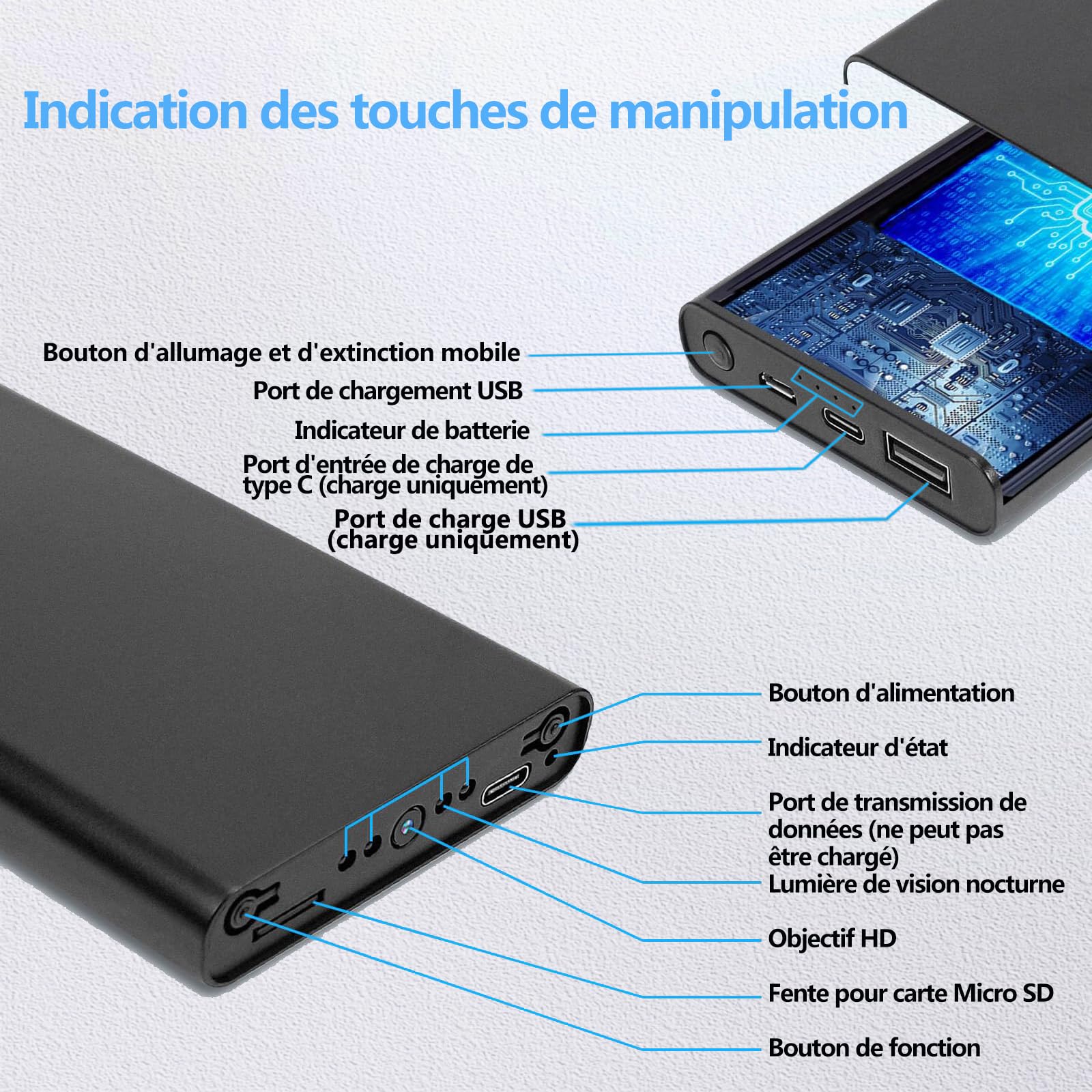 Caméra de Surveillance Portable HD, caméra de Surveillance espionne Mini cachée, Batterie intégrée de 10 000 mAh, Fonctionnement continu Pendant 55 Heures, Connexion Wi-FI Non Prise en Charge.