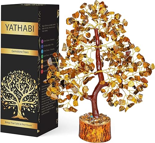 YATHABI Cristal de ojo de tigre Árbol de gemas Árbol bonsái de piedra Árbol de dinero de buena suerte Piedra de chakras Árbol espiritual Árbol