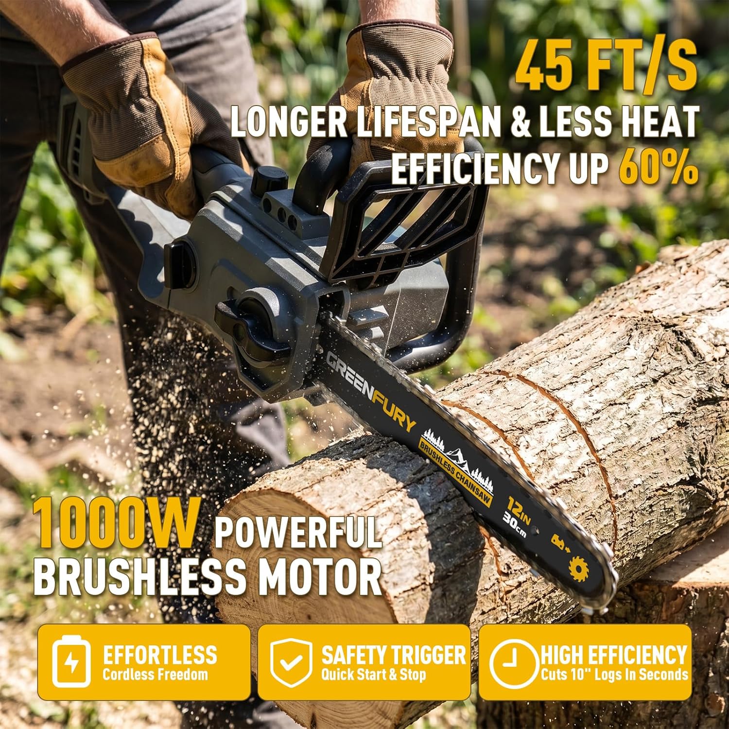 12 Inch Brushless Cordless Chainsaw, Compatible with Dewalt 20V MAX Battery, Electric Chainsaw with Auto Oiler & 45 FT/S High-Speed Cutting for Tree Trimming & Wood Cutting (Tool Only)