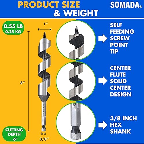 Vista 90 de SOMADA Broca de taladro de 3/4 pulgadas x 17 pulgadas para madera, vástago hexagonal de 3/8 pulgadas, una pieza, broca larga para madera blanda