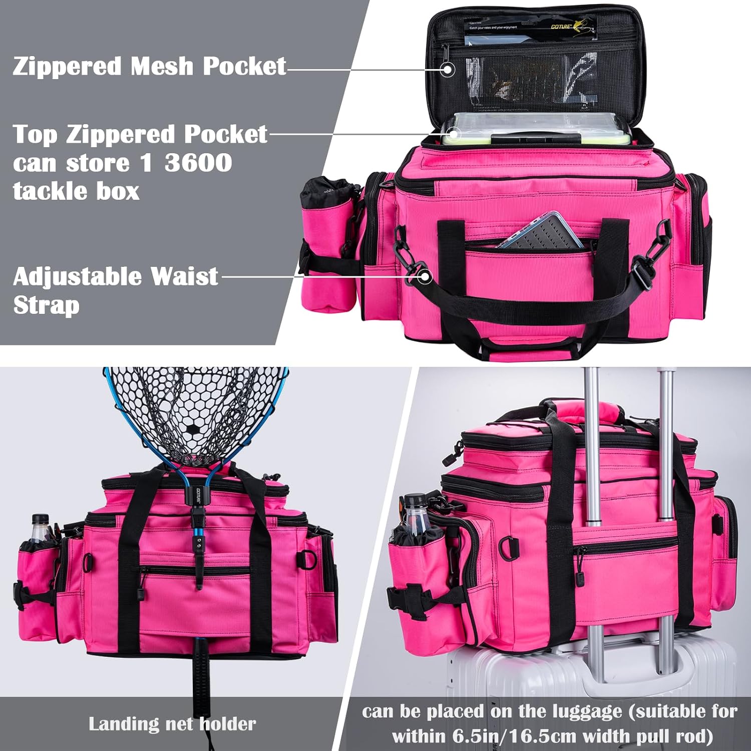 Goture Fishing Tackle Bag with 2pcs 3600 Tackle Boxes, 600D Water-Resistant Soft Side Saltwater Gear Storage Fishing Bag with Rod Straps, Detachable Water Bottle Pouch, Waterproof Bottom, SBS Zippers
