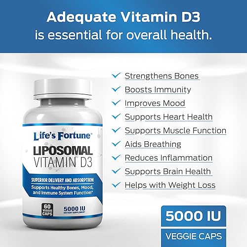 Miniatura 5 de Life's Fortune Suplemento liposomal de vitamina D3 de 5000 UI sin OMG, alta absorción, apoya el estado de ánimo saludable y la función del sistema