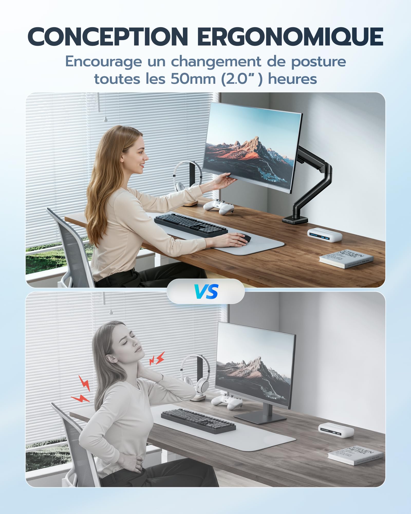 ARES WING Support de Moniteur pour écran Plat incurvé de 17" à 40" | Hauteur réglable, Charge maximale 12 kg, Support VESA 75/100 mm, Support de bureau