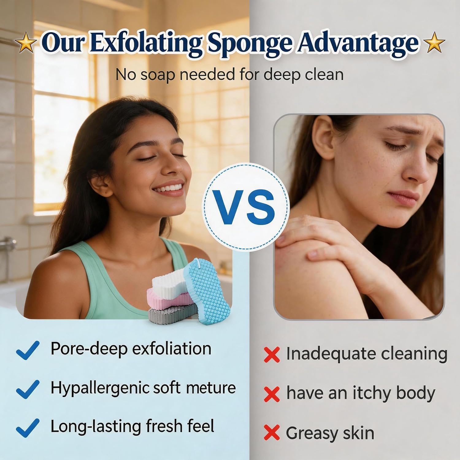 Magic Exfoliating Bath Sponge, Soft Body Scrubber Shower Sponge for Deep Cleansing & Removing Dead Skin (Blue+Pink)