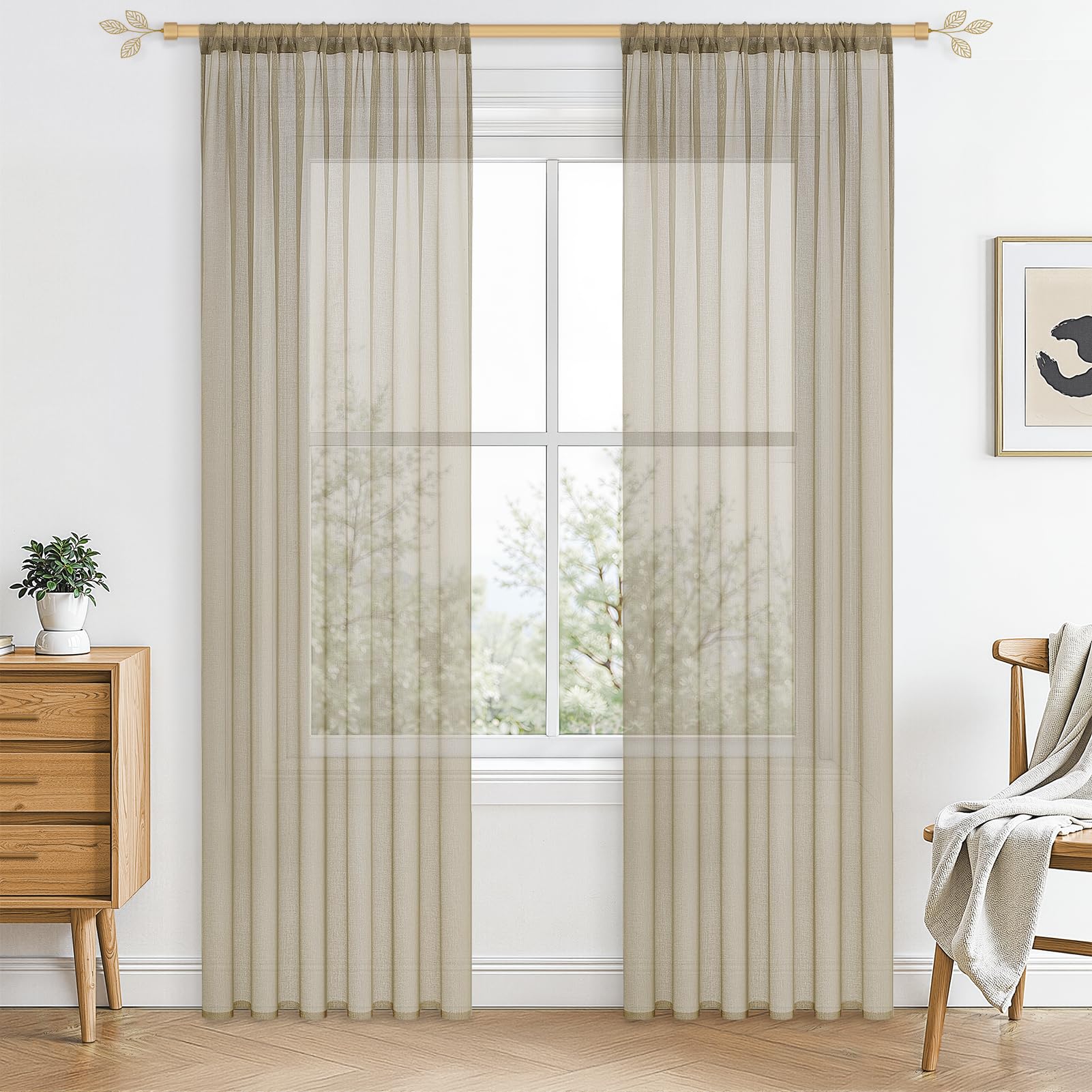 CUTEWIND Voile Vorhang Transparente Gardine aus Voile Einfarbig Stangendurchzug Wohnzimmer Luftig Dekoschal für Schlafzimmer 2er Set Beige 140x215cm BxH