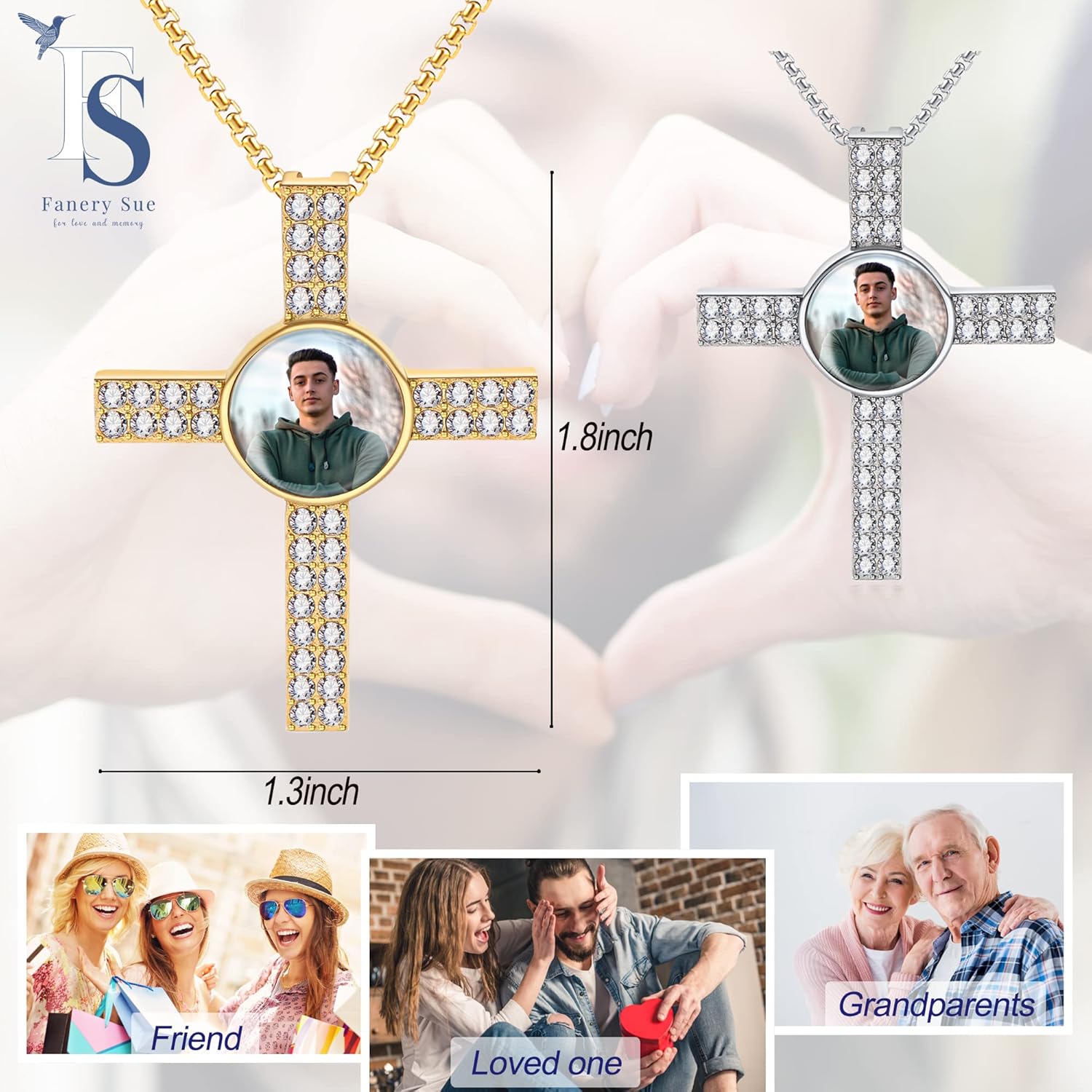 Fanery Sue Picture Necklace Personalized Photo Customized Picture Pendant for Women/Men 18K Gold Plated Cubic Zirconia Hip Pop Engraved Jewelry
