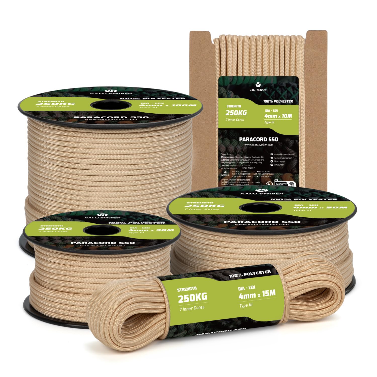 Kamu Synber Paracord 550 Type III 4mm 15m 7 Strands 100% Polyester Rope Parachute Cord Ideal for Crafting, Outdoor, Survival | Support 250kg | Khaki