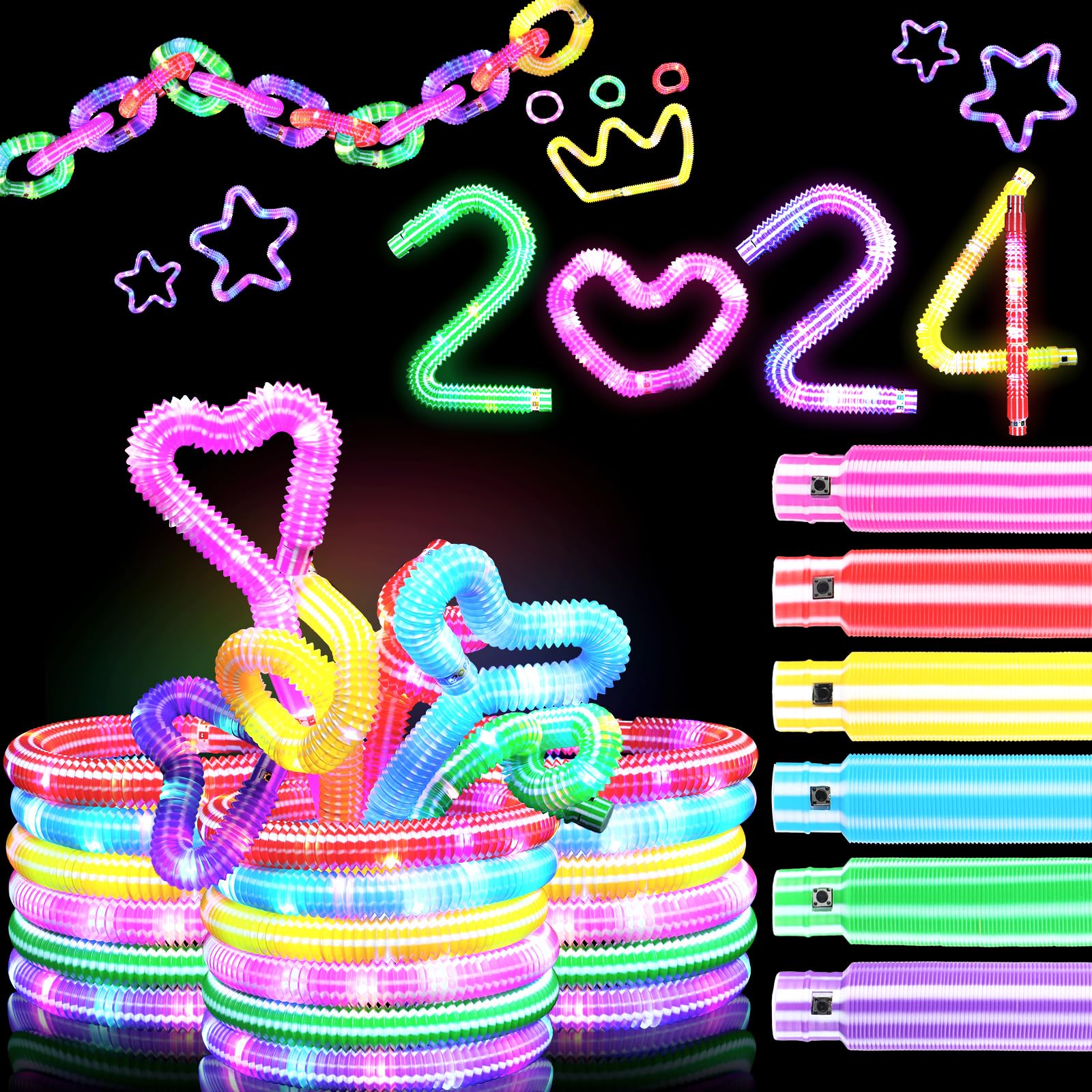 72 Pcs LED Light up Fidget Tubes Party Favors Sensory Fidget Toys Stocking Stuffers Glow in The Dark Tubes Light up Party Supplies for Kids Light up Fidget Glow Sticks for Party, 6 Colors