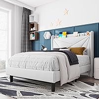 Vista 8 de Feonase - Base de cama de tamaño individual con estación de carga, base de cama tapizada con cabecera de ala, soporte de listones de madera maciza