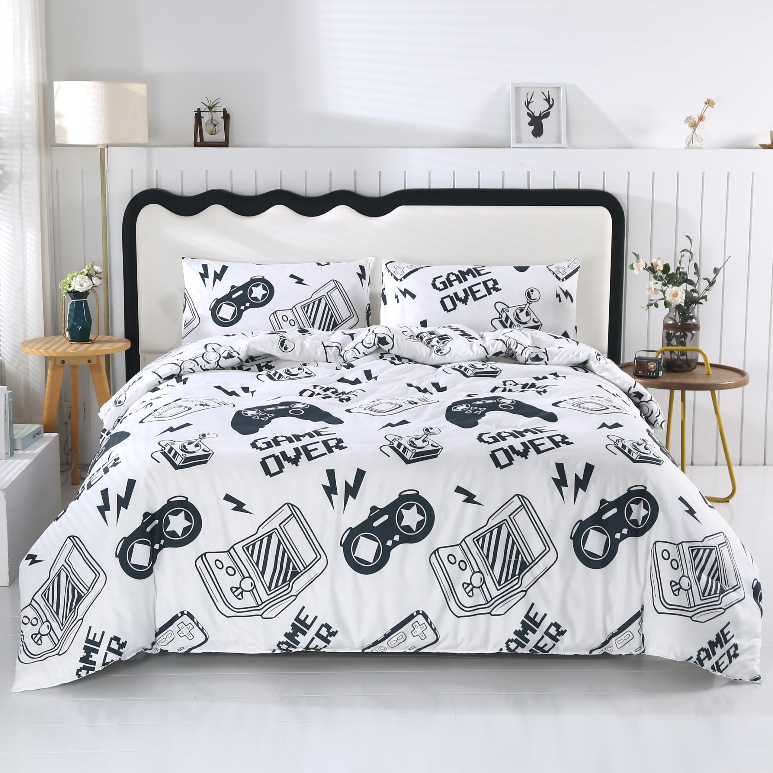 SDIII 3PCS White Gaming Comforter Set Queen, Microfiber Lightweight Gamer Comforter Sets for Boys Girls Kids Teens, Video Game Bedding Quilt Queen
