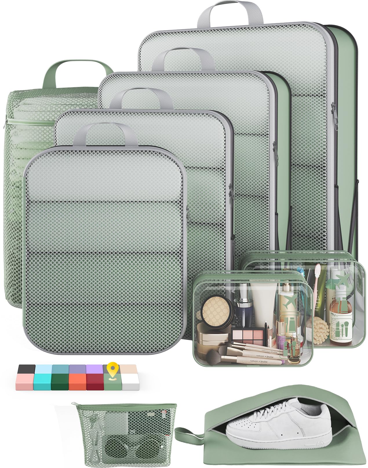 veken 9/11 set compression packing cubes for travel essentials,compressible expandable large luggage suitcase organizer bags for clothing,durable space saver storage bags(matcha green)