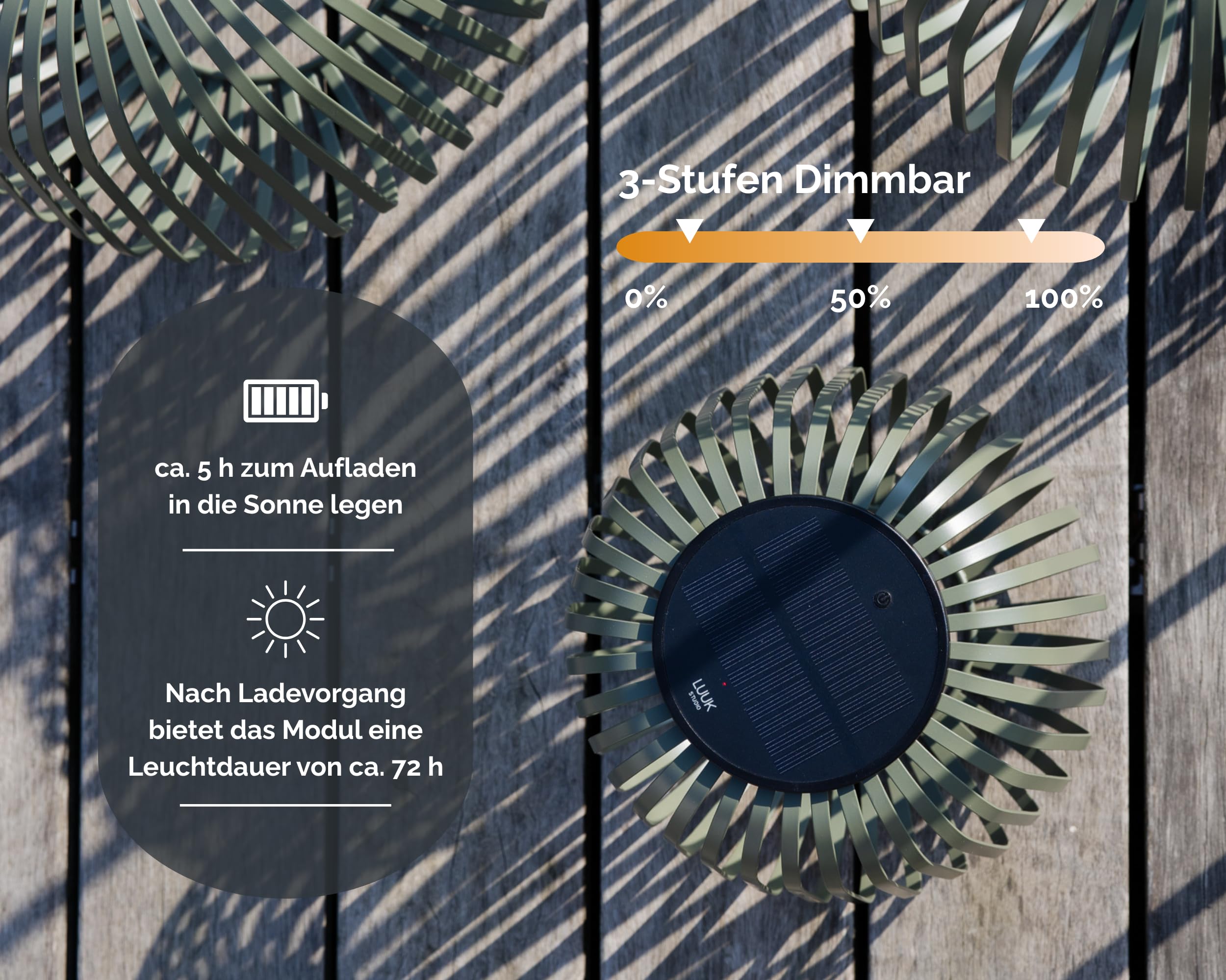 LUUK Studio Outdoor Solarmodul Tischleuchte IP65 kabellos USB-C Solar warmweißes Licht Boho Stil