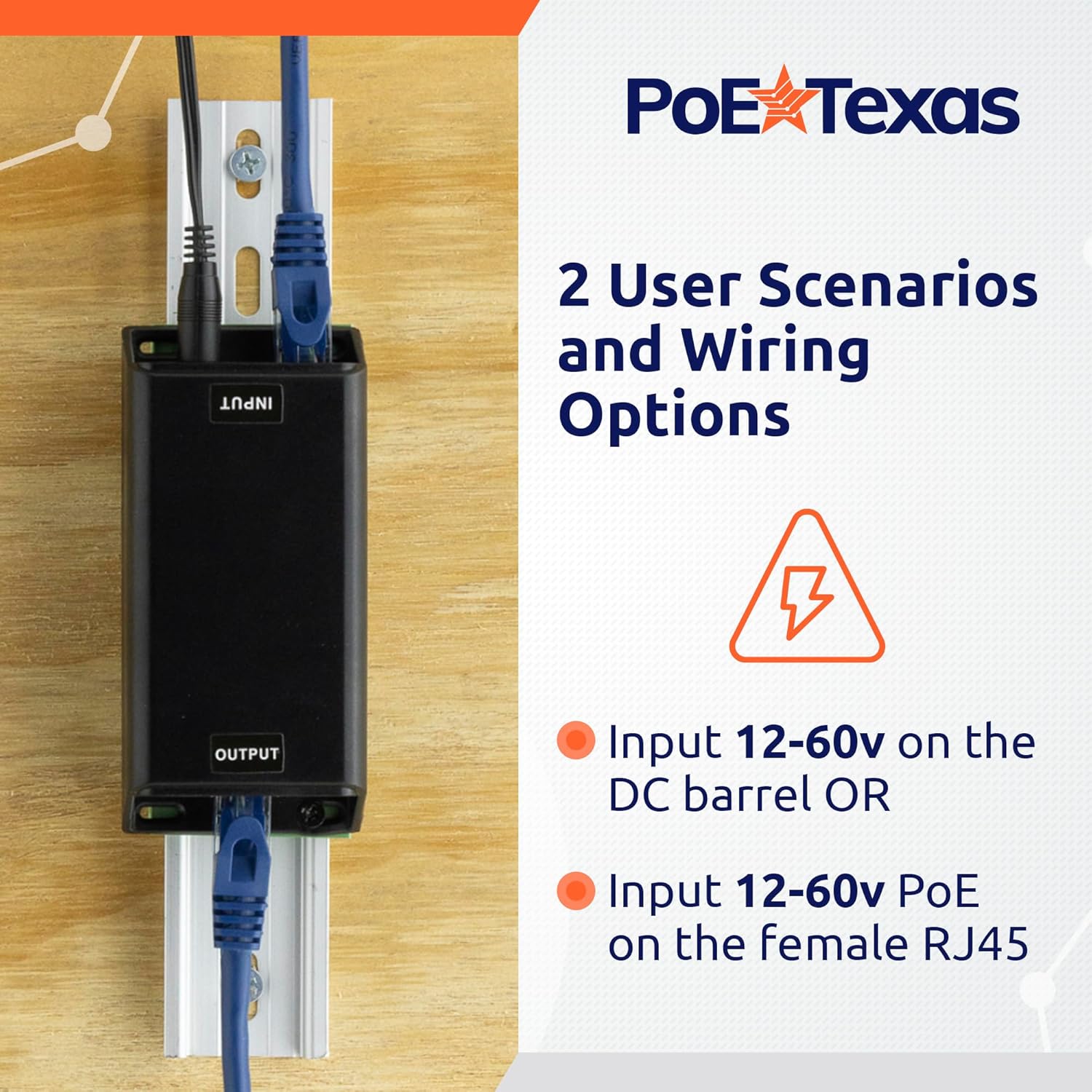 PoE Texas DC-Powered PoE+ (30 watt) Gigabit Inline Injector Converts 12-60V in to 50 Volt IEEE 802.3at PoE+ Out - Variable DC PoE Injector for Solar & Battery Powered Installations, WiFi & More