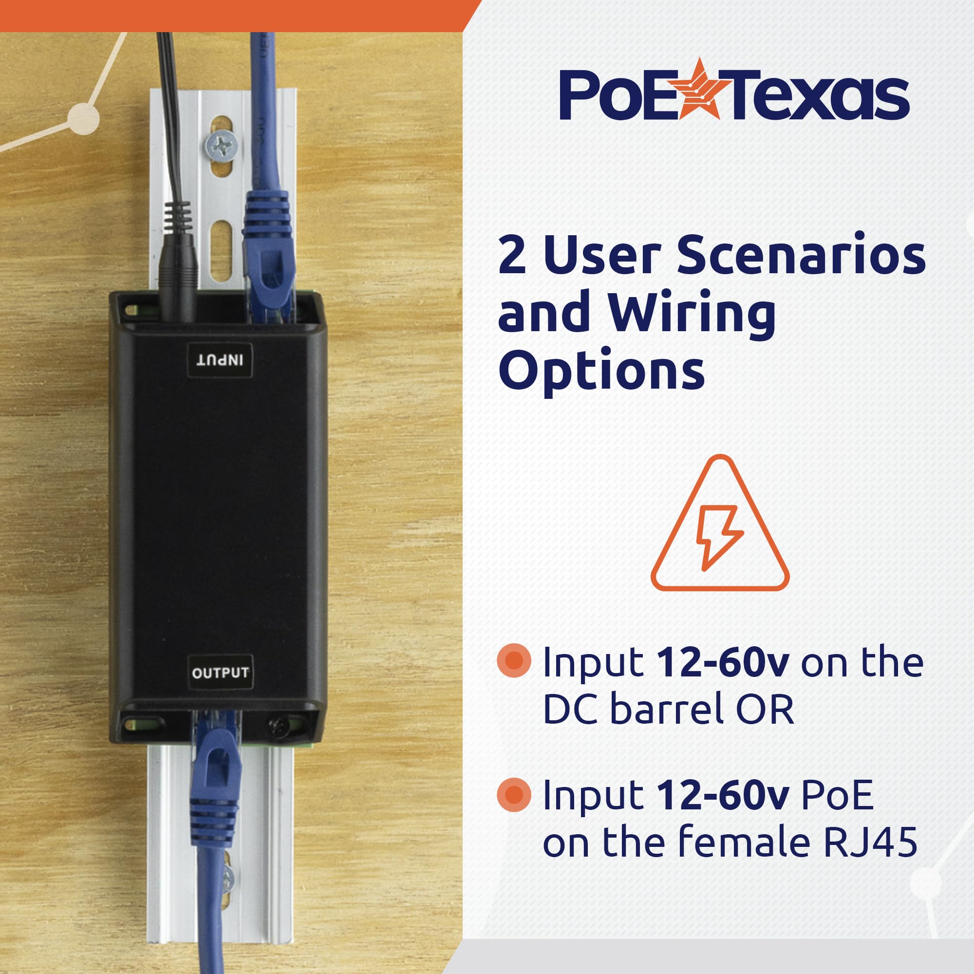 PoE Texas DC-Powered PoE+ (30 watt) Gigabit Inline Injector Converts 12-60V in to 50 Volt IEEE 802.3at PoE+ Out - Variable DC PoE Injector for Solar & Battery Powered Installations, WiFi & More