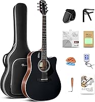 Vista 13 de Rosen Guitarra acústica Dreadnought de tapa sólida de 104 cm con abeto, para principiantes, con libro, bolsa acolchada, cuerdas, púas, llave Negro