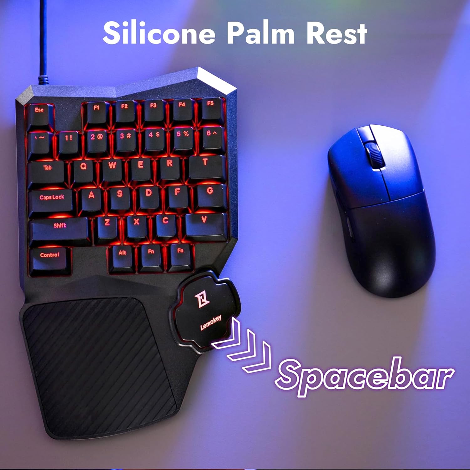 LEMOKEY X0 One-Handed Gaming Keypad showing its silicone palm rest and spacebar area