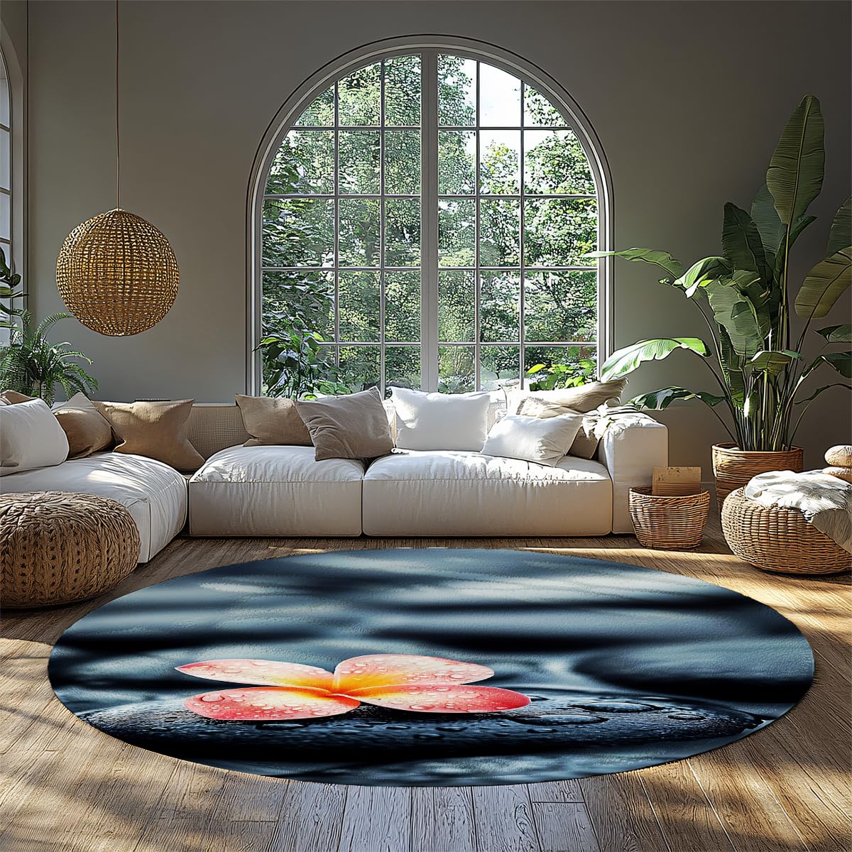 Tapis Floraux de Jardin Plumes Rondes Pierres en Forme de rosée et imprimé Frangipani Rouge Moquette Poil Bas et Confortable Facile Nettoyer pour la méditation décoration du Salon 100cm