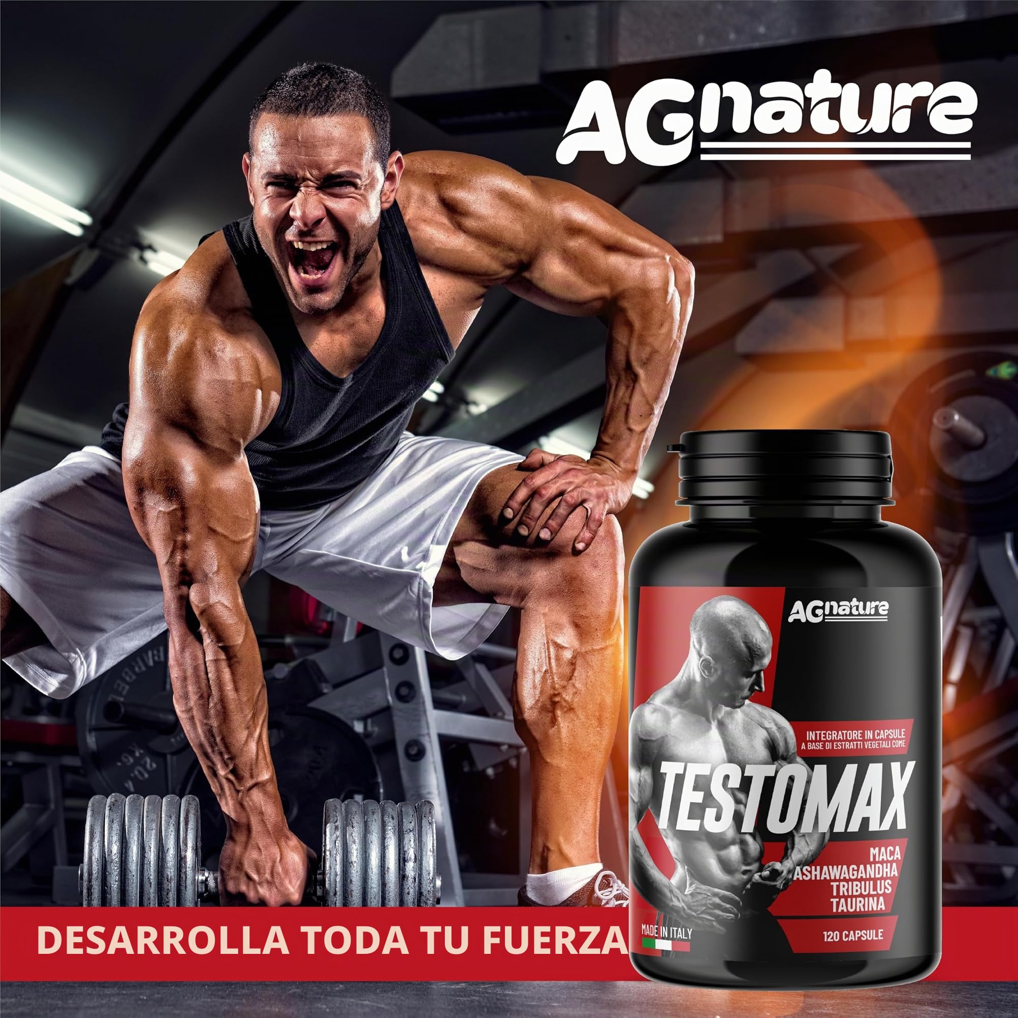AG nature Testosterona Hombre Aumento Masa Muscular x Gimnasio 120 Cápsulas | Suplemento Fuerte Energizante con Maca Peruana, Magnesio, Zinc y Vitamina B6