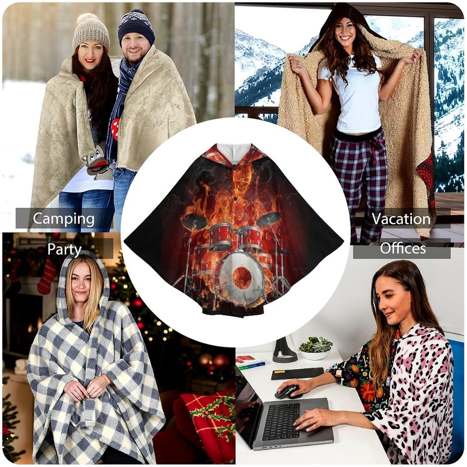 Rock Roll Drums Flame Drummer Skull Wearable Blanket with Hooded Flannel Blankets Cape with Pocket