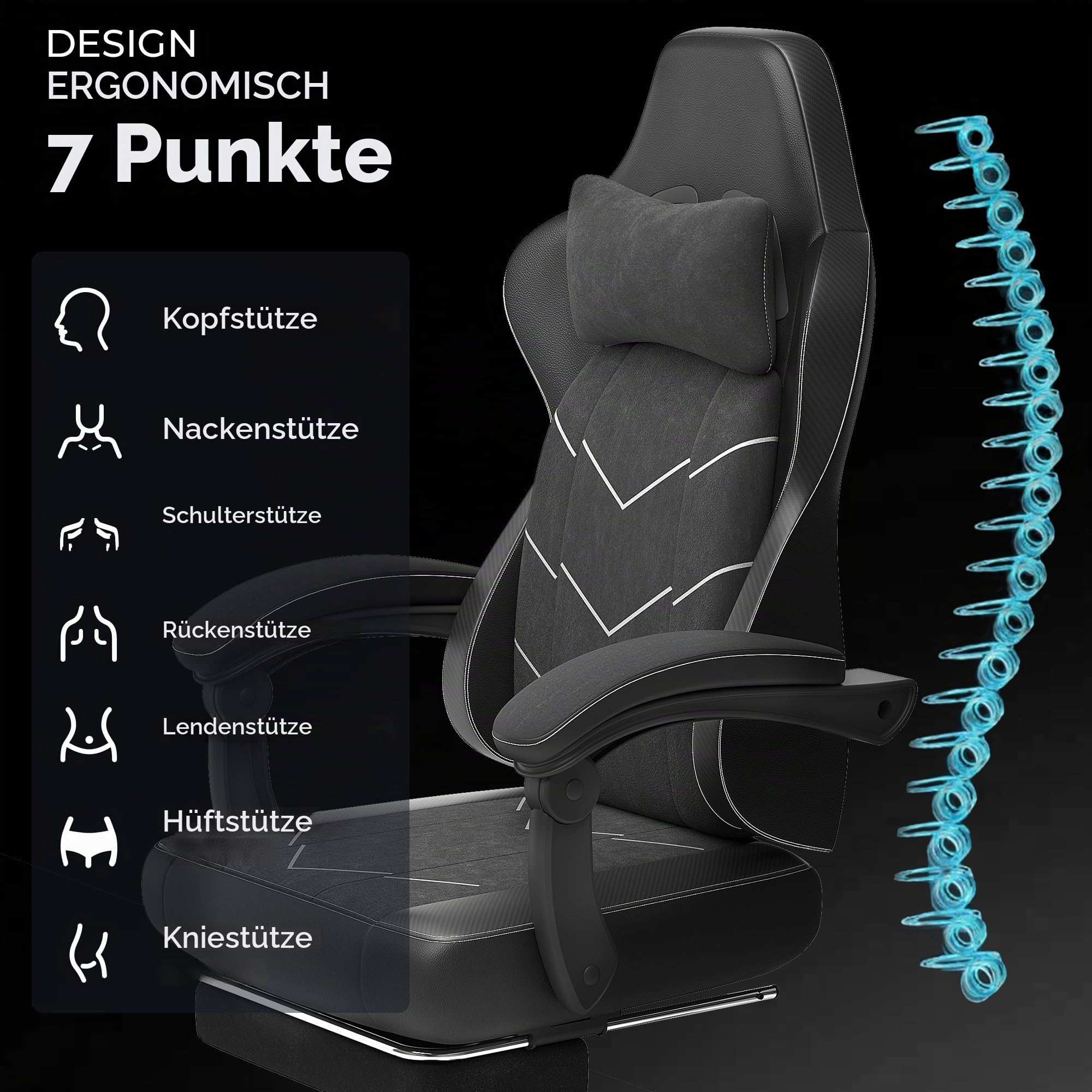 Devoko Gaming Stuhl mit Fußstütze, 2D Armlehnen Ergonomischer Bürostuhl 200kg Belastbar, 52cm Extra Breite Sitzfläche, Atmungsaktiver Stoff Schreibtischstuhl mit Lendenwirbelstütze,Schwarz