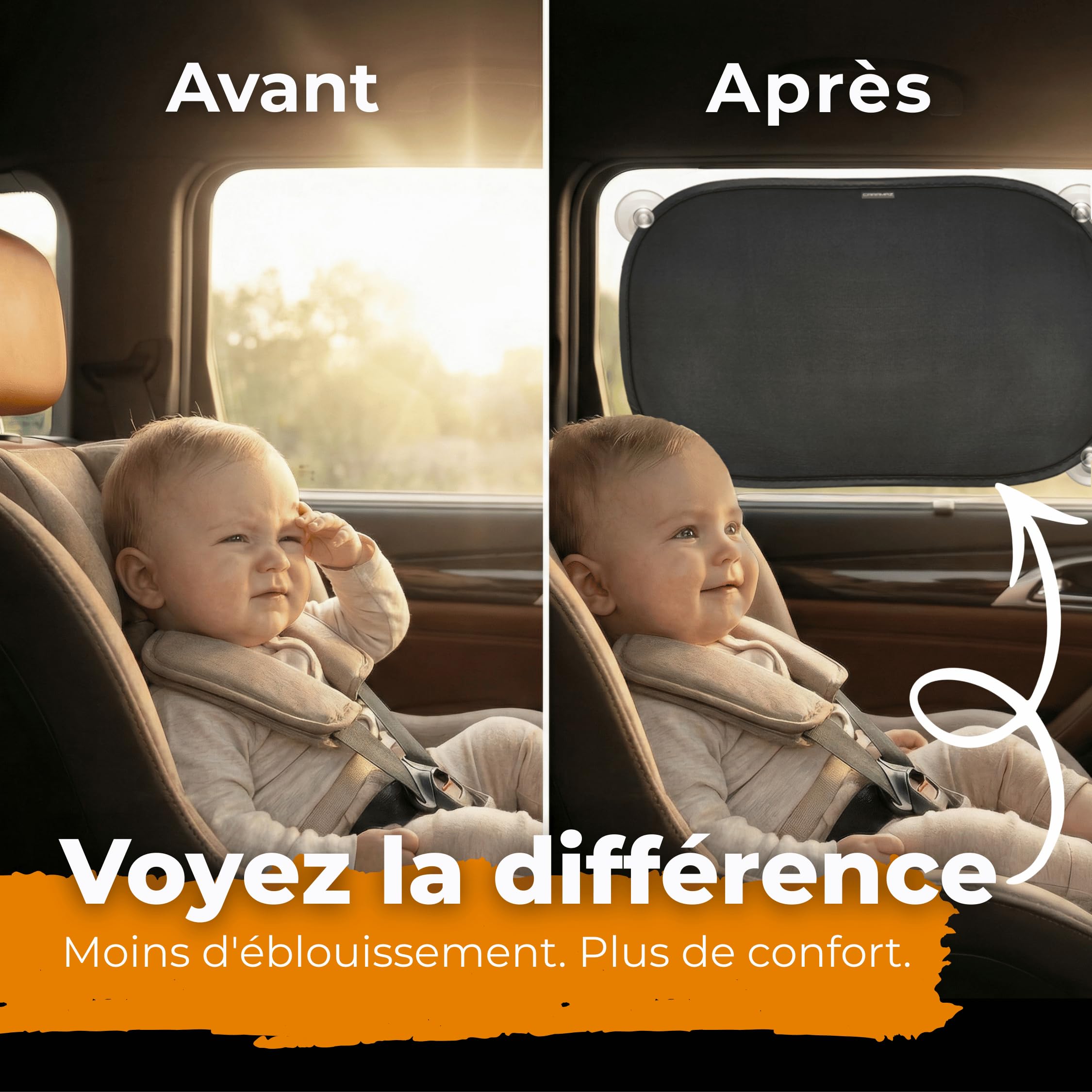 CARAMAZ Pare-Soleil Voiture bébé avec Protection UV certifiée, Universel 48 x 30 cm, 2 pièces Pare-Soleil, avec ventouses - 3
