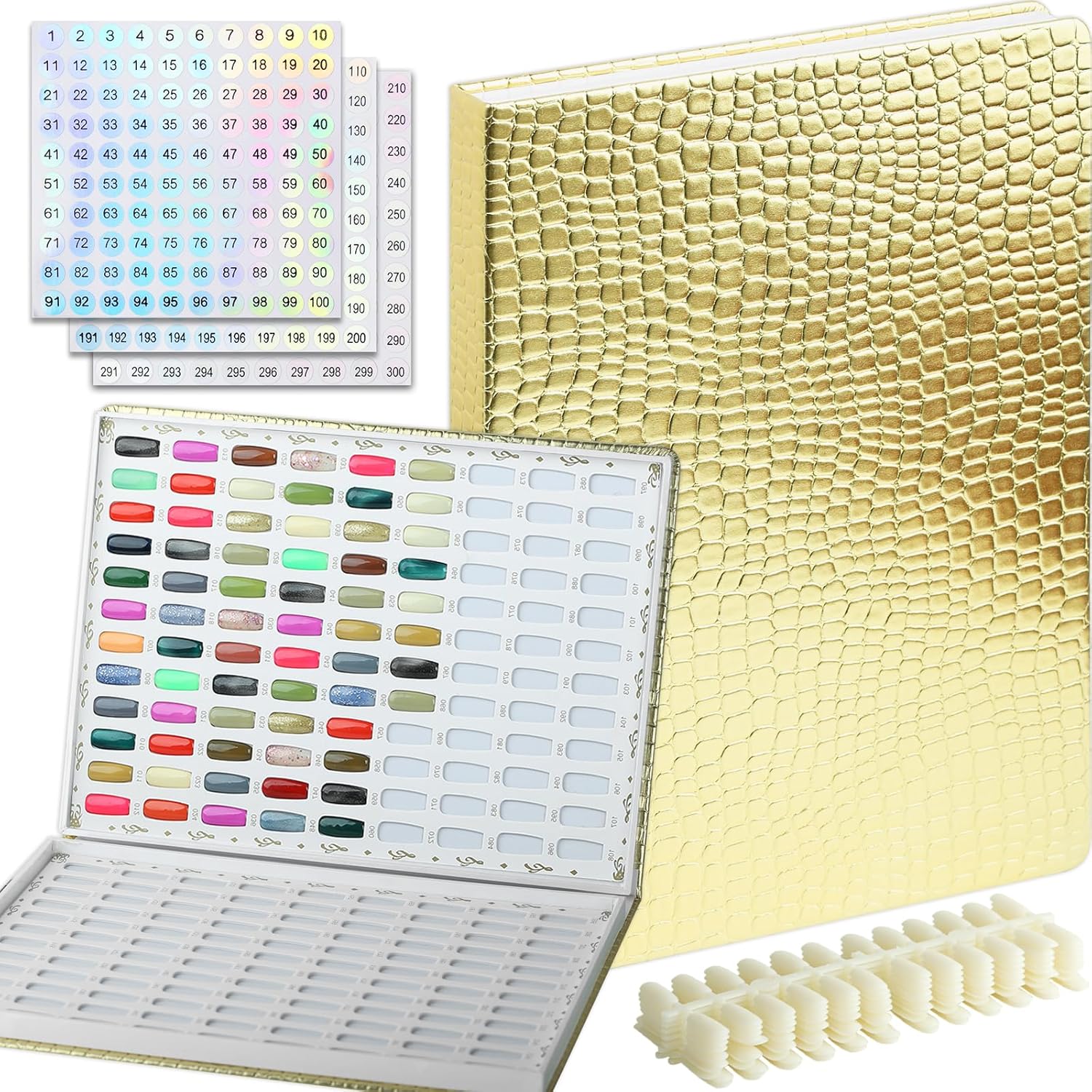 216 Nail Color Book,Nail Color Display Book with 240 Nail Tips & 1-300 Number Labels,Professional Nail Color Swatches Book for Gel Polish Nails Art Design(Gold)