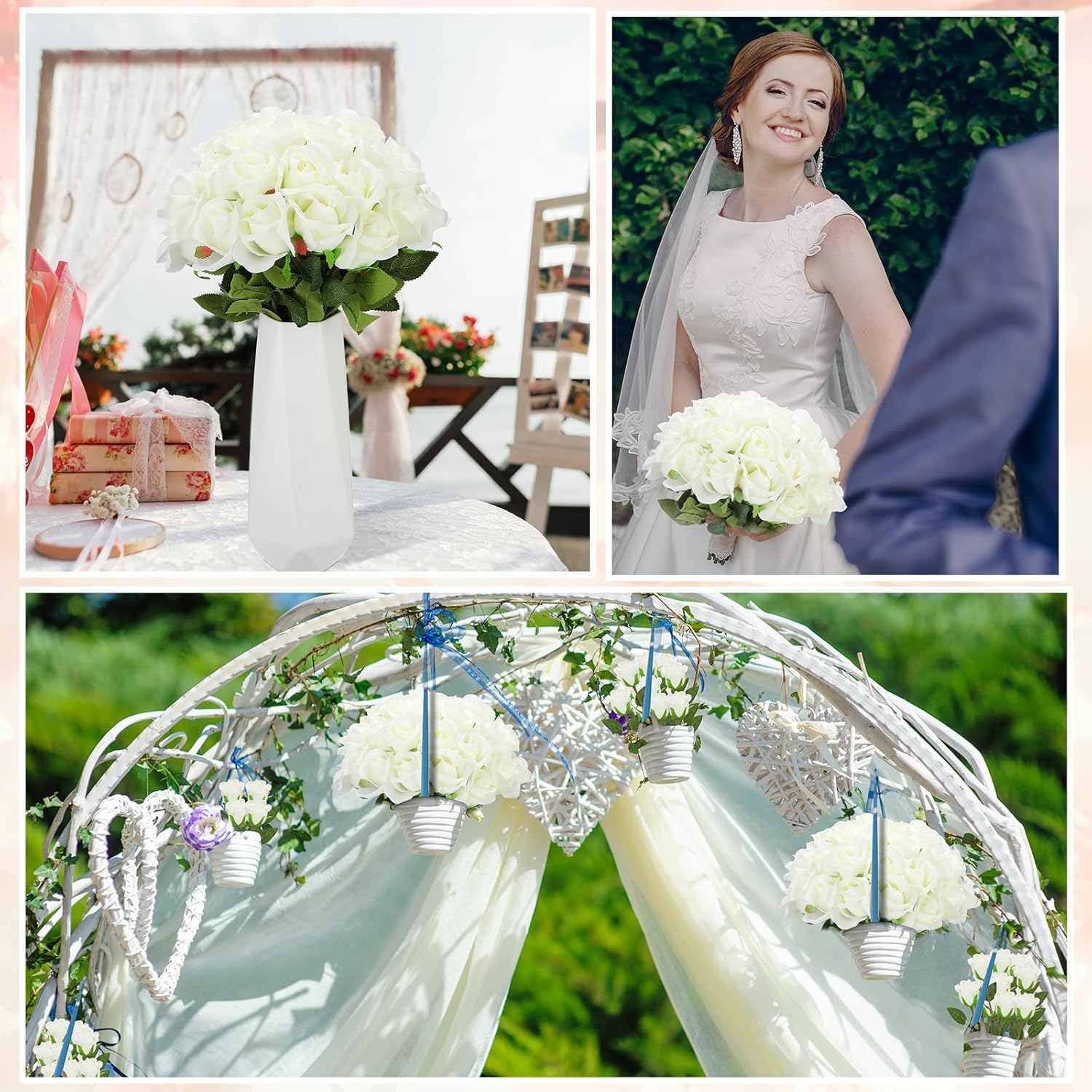 Jexine 50 Pcs Artificial Rose Flower Bulk Realistic Silk Fake Roses with Long Stem Plastic Artificial Flower Bouquet Real Looking for Home Wedding Centerpieces Party Decoration(Beige) - Image 6