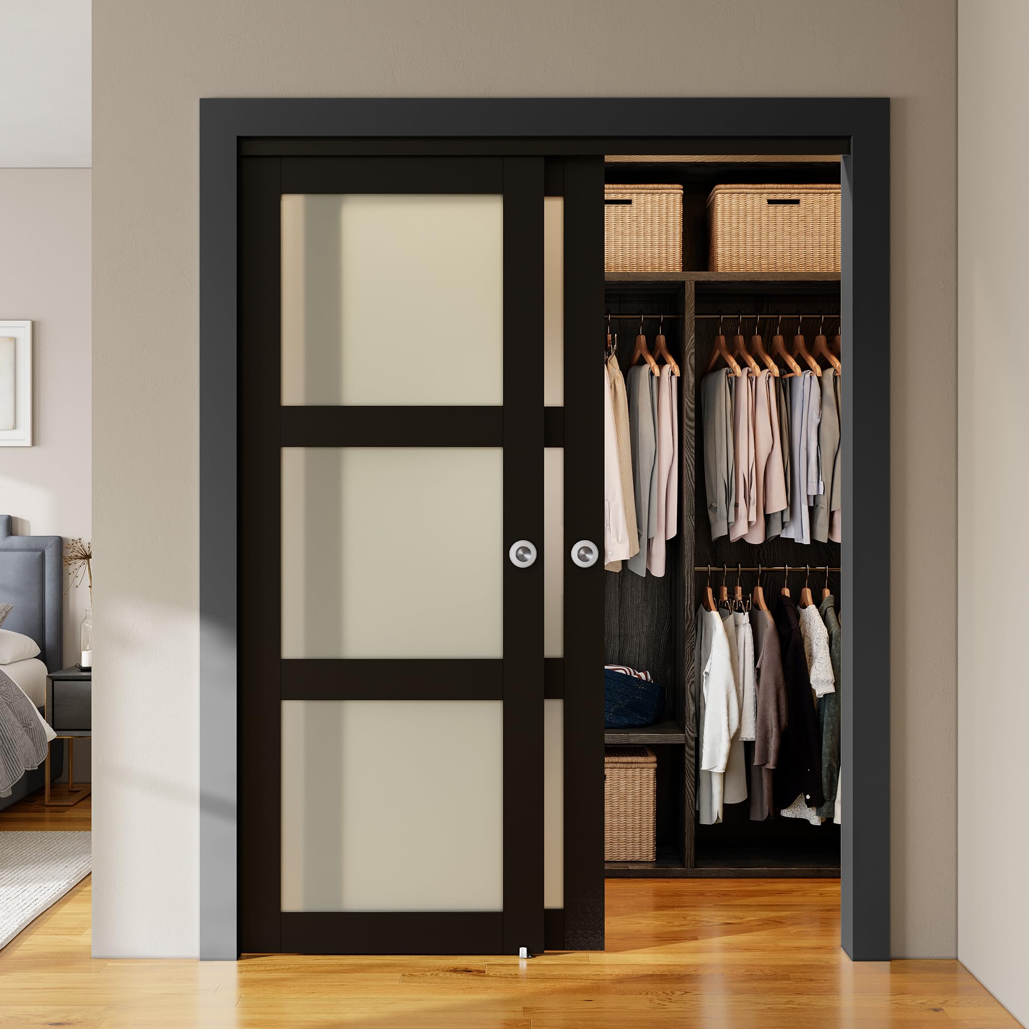 SMARTSTANDARD Bypass Sliding Closet Doors 60x80 in (Double 31in) for Bedroom, 3-Lite Frosted Glass Bypass Door with Hardware Kit Included, Preassembled Door Panel, Water-Proof PVC Surface, Black