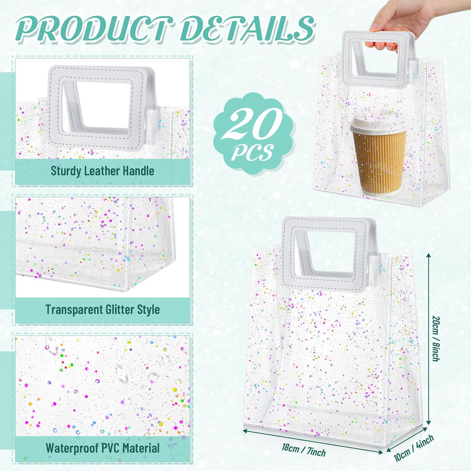 Jetec 20 Pcs White PVC Gift Bags with Handles Bulk Glitter Valentine's Day Galentines Wedding Party Favor Bags Reusable Tote Bag for Wedding Bridal Baby Shower Birthday, 7x4x8'' - Image 2