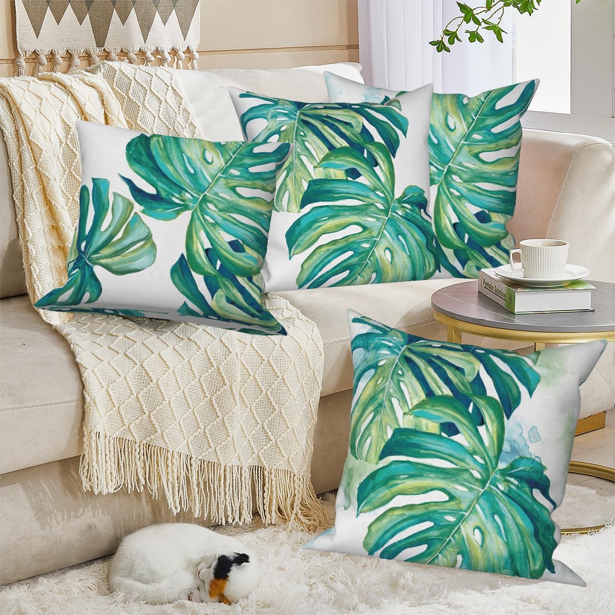 4 Pcs/Set Tropical Leaves Pillow Covers Green Palm Tree Leaves Natural Plants Watercolor Minimalist Outdoor Accent Pillow Covers for Home Couch Sofa Farmhouse Decor, 18"x18"
