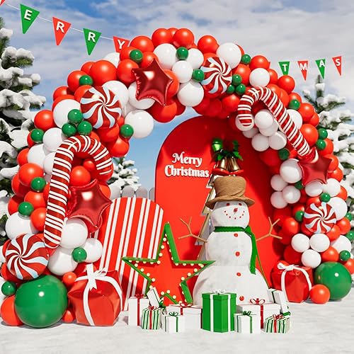 WECEPAR Kit de arco de guirnalda de globos de Navidad con globos de caramelo verde, rojo y blanco, caja de regalo, globos de estrella roja para