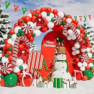 WECEPAR Christmas Balloon Garland Arch kit with Xmas Green Red White Candy Balloons Gift Box Balloons Red Star Balloons for Christmas Party Decorations