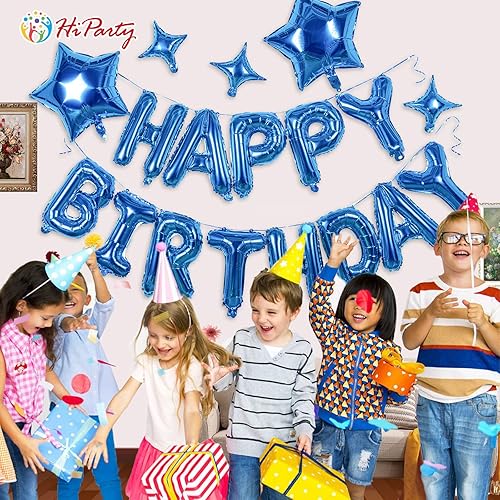 Miniatura 5 de 23 globos de cumpleaños, pancarta de papel de aluminio tereftalato de polietileno de alta calidad 3D azul con 5 globos de estrella para niños,