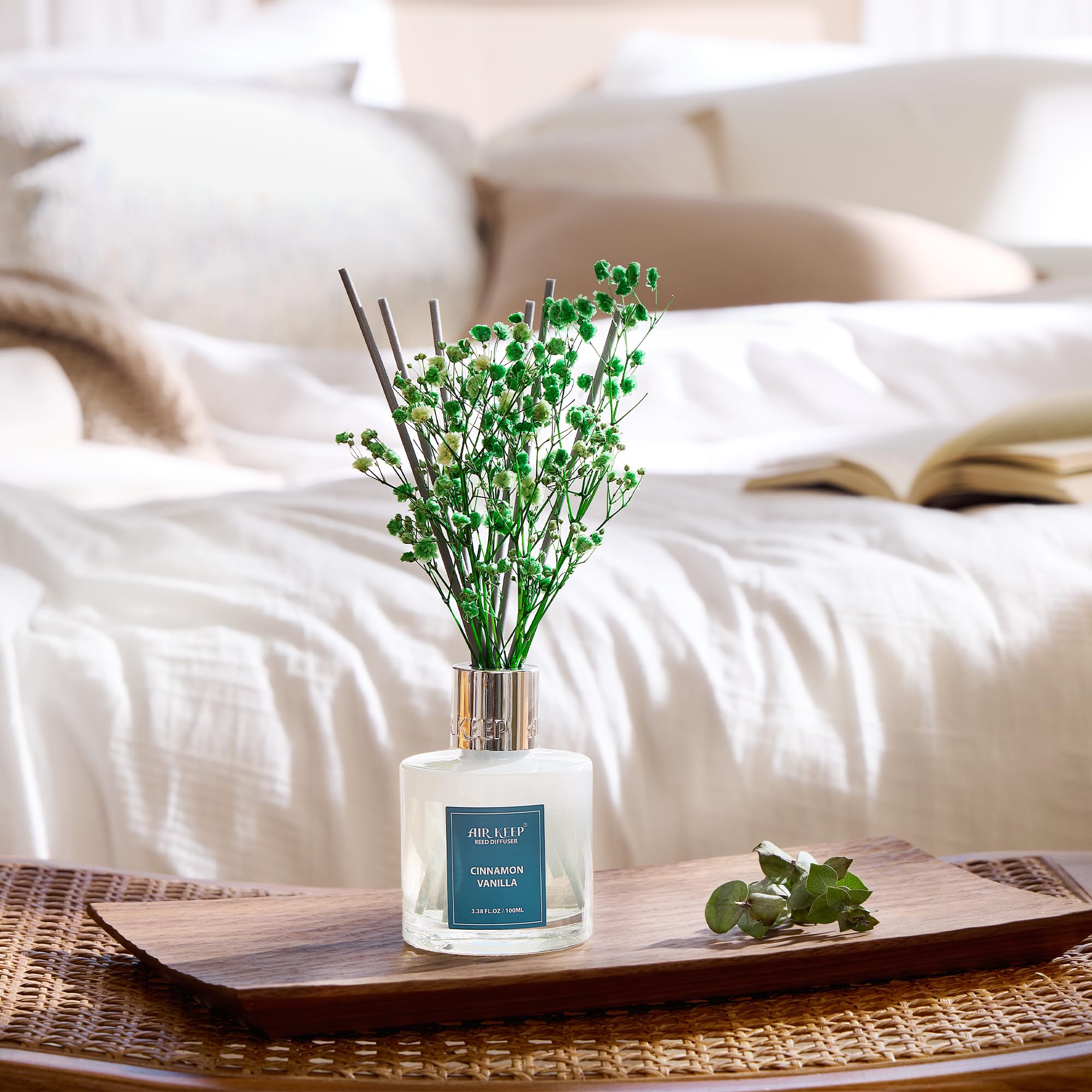 Airkeep Schilfrohr-Diffusor-Set, 100 ml, Zimt-Vanilleöl-Diffusoren mit 8 Schilfrohrstäbchen, Raumduft, Schilfrohr-Diffusor für Badezimmer-Regal-Dekor
