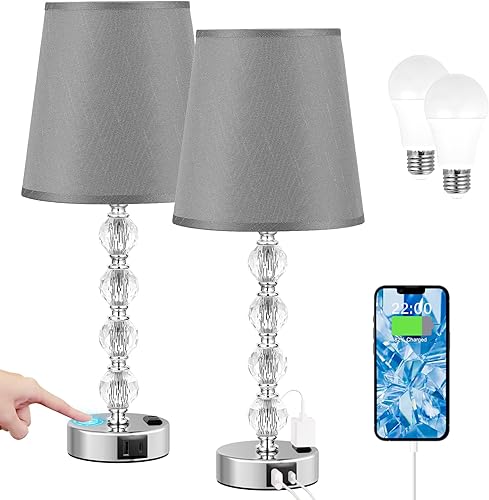 Miniatura 9 de Acaxin Juego de 2 lámparas de mesa de cristal para dormitorio/sala de estar, 17.5 pulgadas (blanco)