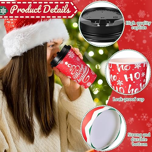 Miniatura 6 de Paquete de 120 tazas de café de papel de Navidad de 16 onzas, tazas de café desechables con tapas y agitadores, taza de bebida con 6 diseños para