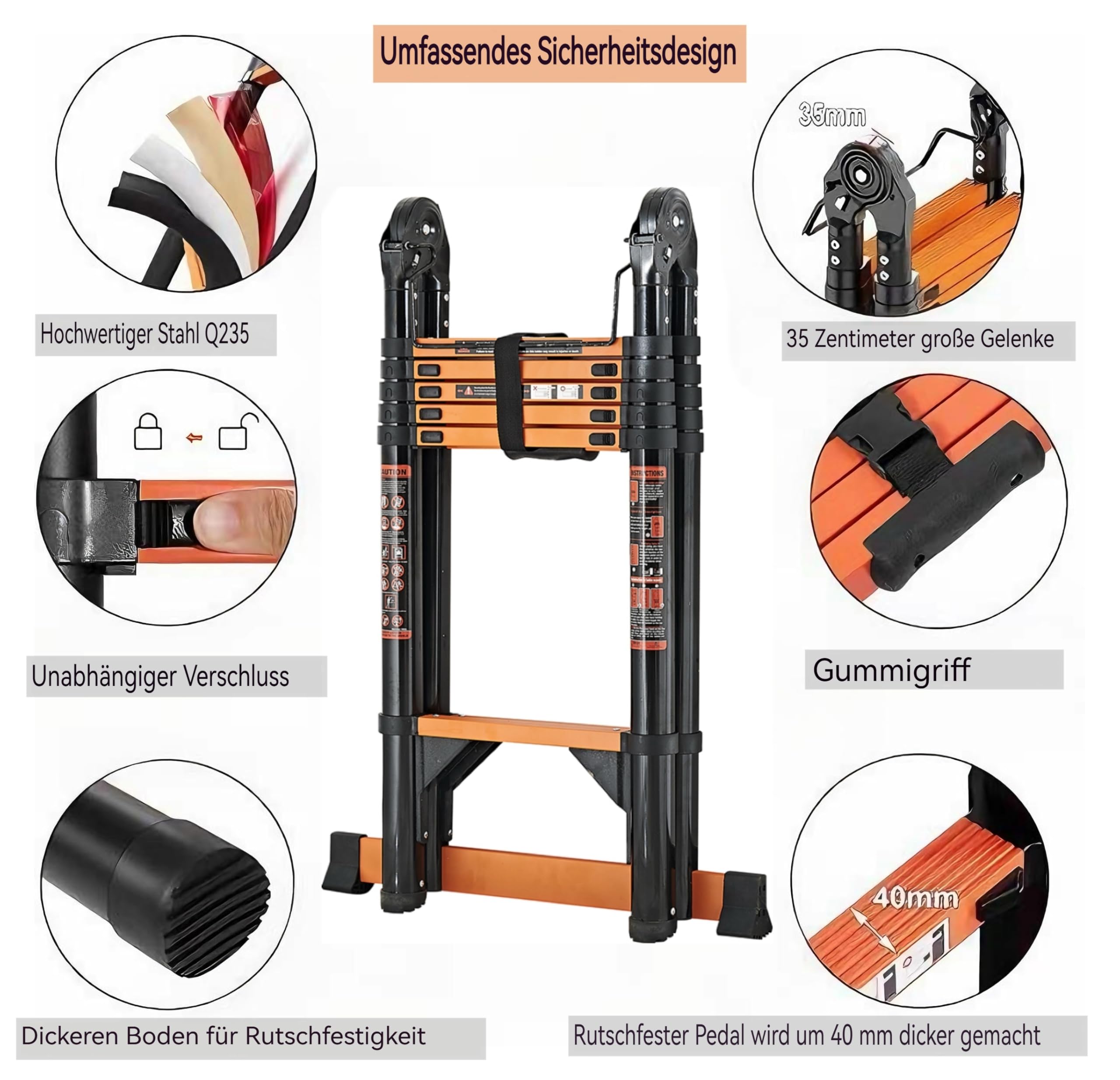 Teleskopleiter Klappleiter 6.6m Multifunktionsleite 3.3m+3.3m Kohlenstoffstahl Leiter Stehleiter mit 2 Rädern & Werkzeugtasche Bis 150 kg Belastbarkeit mit EN131 Zertifiziert