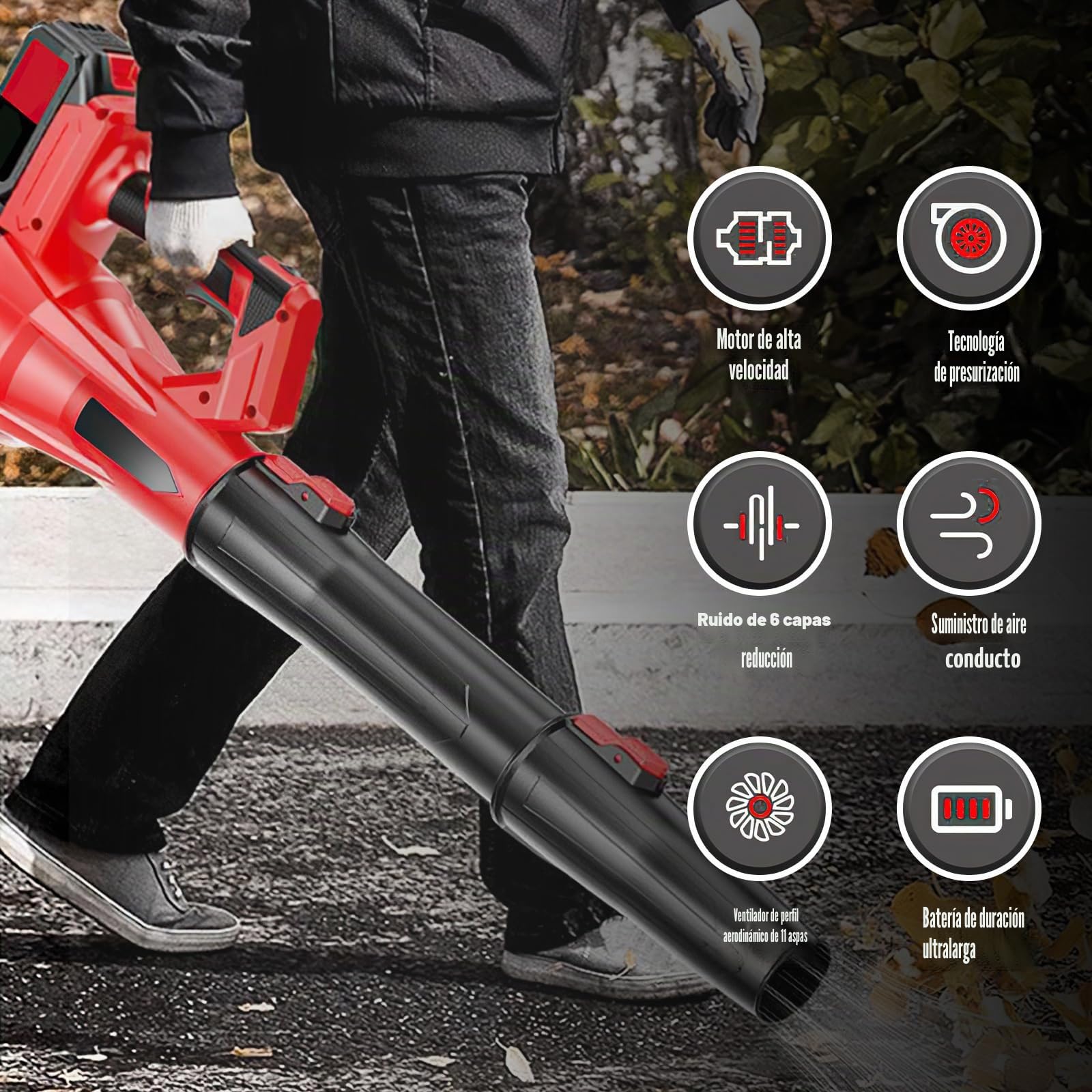 Soplador de batería de 21 V – Soplador de hojas inalámbrico con batería y cargador de 60 m/s 0-40,000r/min/6 velocidades/portátil para jardines, patio, hoja, nieve (B-13,000 mah*2)