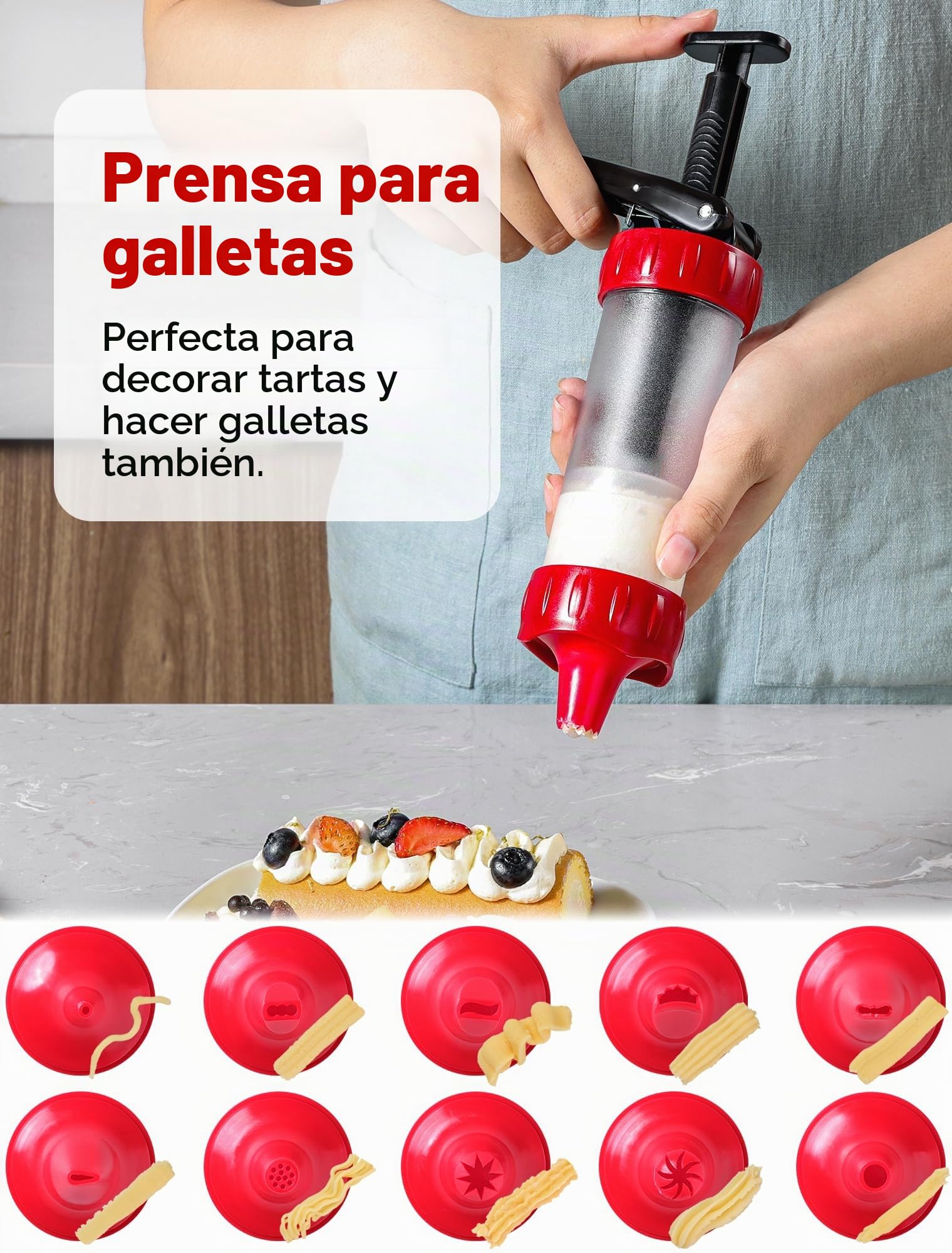 GDL Churreras para Churros, Prensa de Pastelería con 12 Plantillas y 10 Boquillas manga Pastelera, Pistola para Prensar Galletas, Adecuado para Decoración de Repostería y Repostería, Rojo