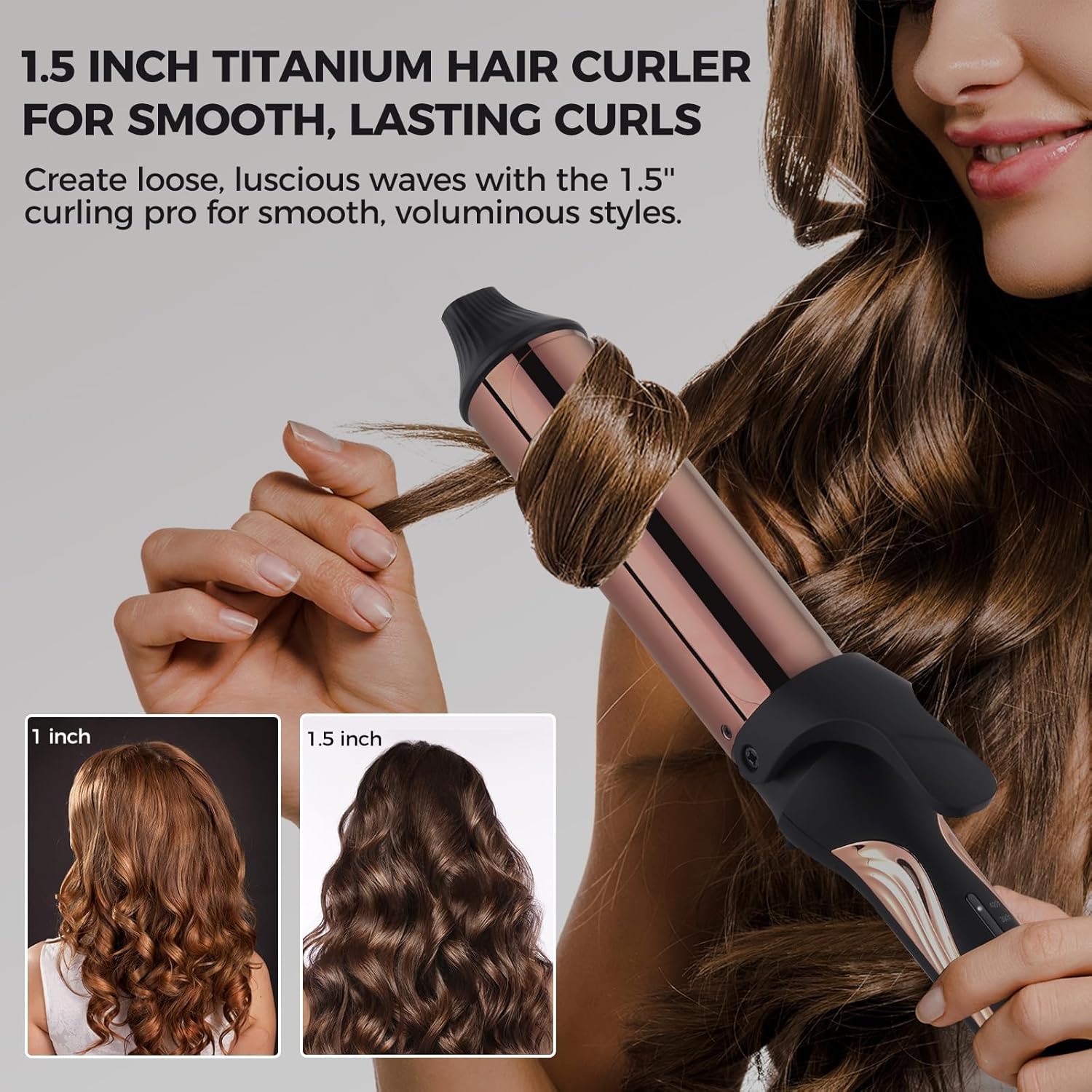 Rozamor 1.5 Inch Curling Iron, Instant Heat Titanium Hair Curler with 5 Temperature Settings, Dual Voltage (110-240V), Long-Lasting Curls for All Hair Types