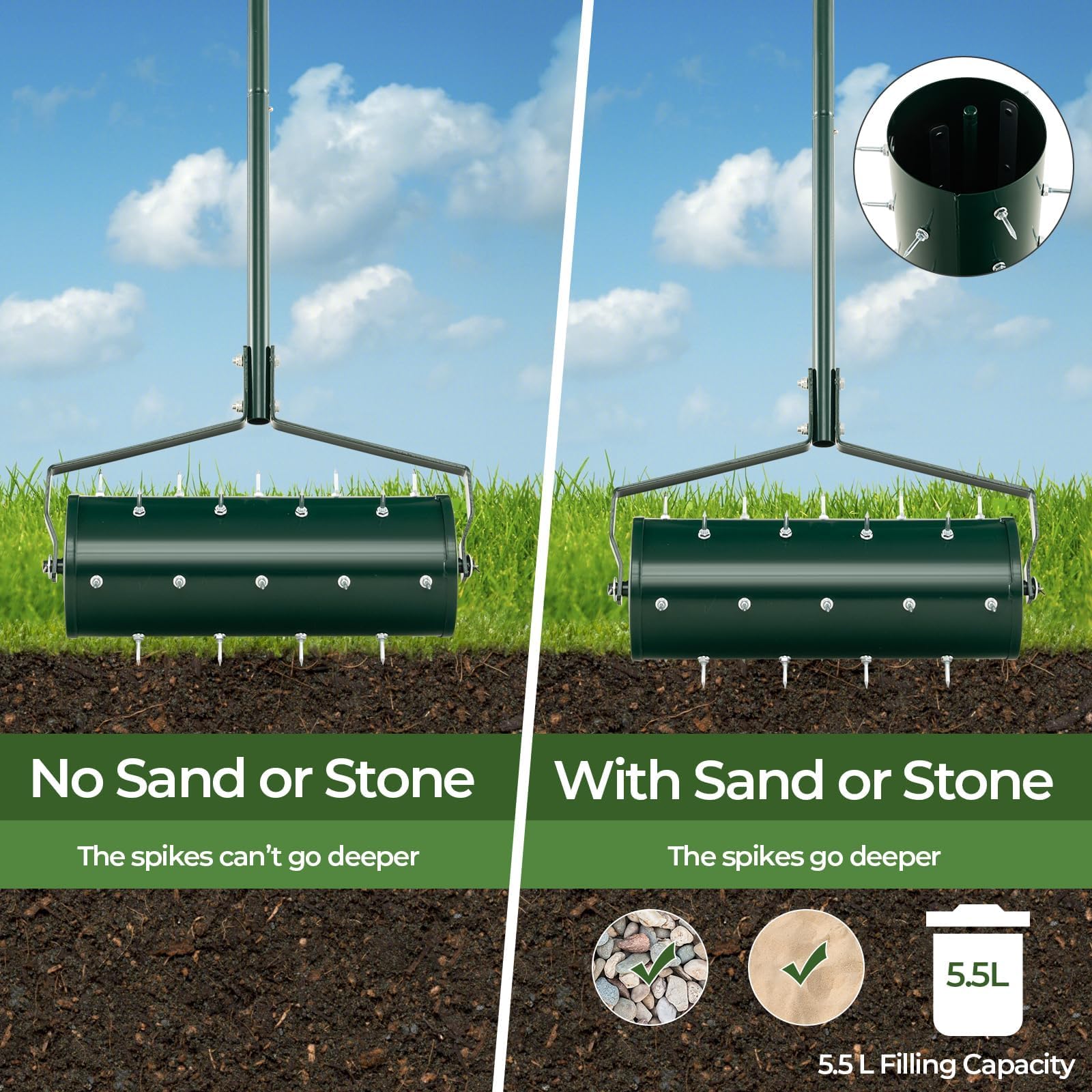 Aireador de césped, esparcidor rodante resistente de 45 cm/53 cm, herramienta para el cuidado del césped con mango de metal de 130 cm, rodillo de jardinería aireador manual para jardín, césped, patio