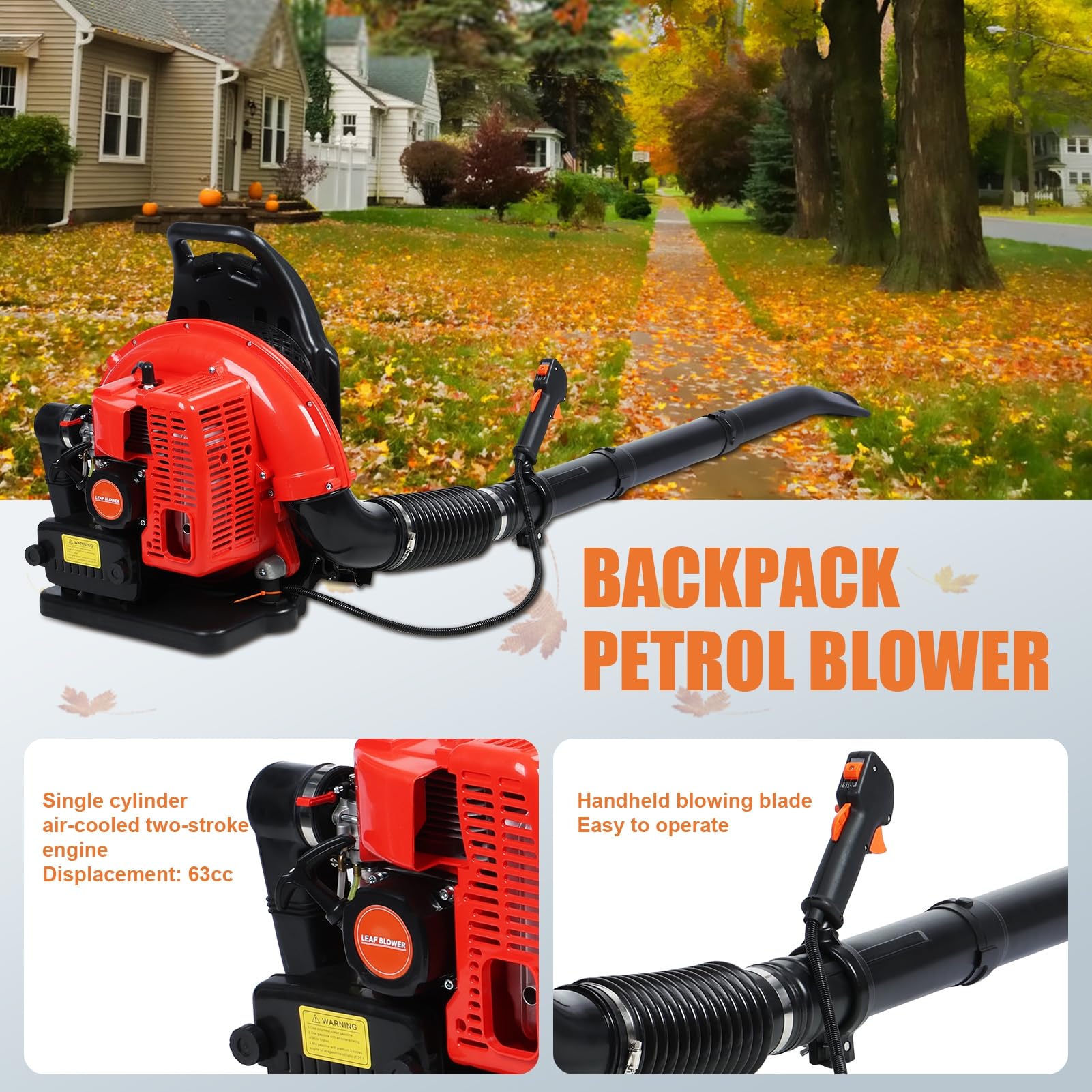 Soffiatore a gas da 80 cc, spazzaneve a 2 tempi con serbatoio dell'olio da 2,3 l per la cura del prato, giardino, cortile, marciapiedi, pulizia garage (900 CFM, 206 MPH) rosso