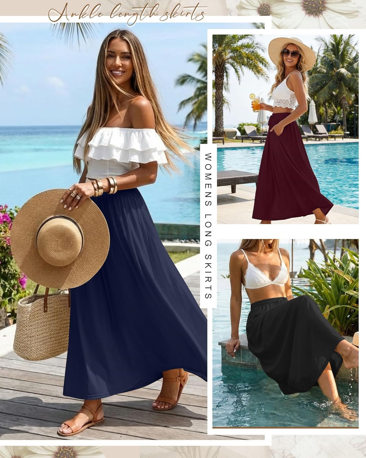 Ficerd 3 Pack Women's Maxi Long Skirts, Ankle Length a Line Elastic High Waist Summer Casual Drawstring Skirts with Pockets - Image 2
