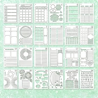 24-Piece Journal Stencil Set 17.8 x 12.7 cm/7 x 5 inches - PET Bullet Journal Planner for DIY Painting Notebook Decoration