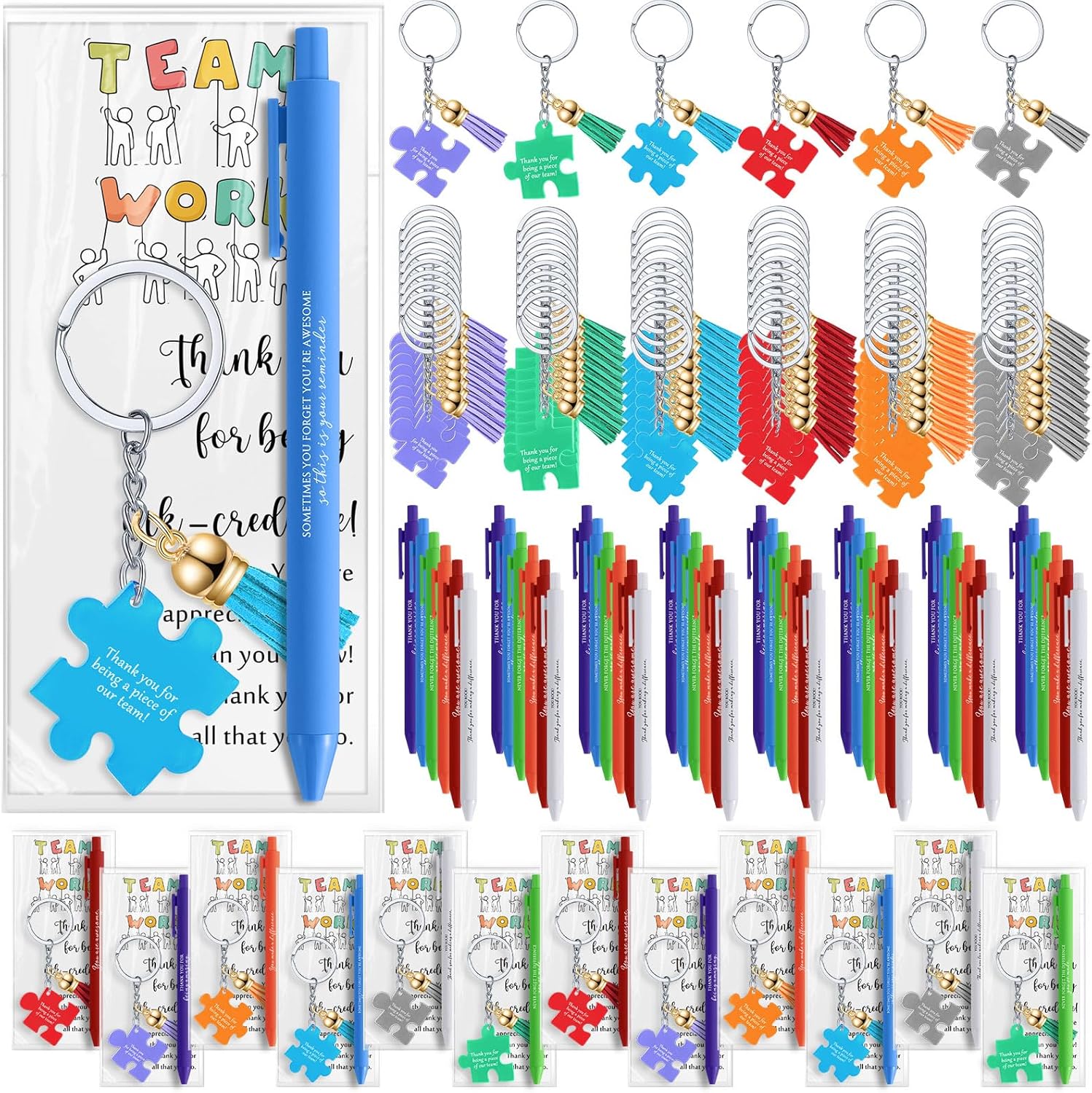 Sayglossy 50 Set Employee Appreciation Gifts Bulk for Teacher Nurse Nursing Assistant Volunteer Admin Staff Office Coworker, Team Work Pens Inspirational Puzzle Piece Keychains & Thank You Cards