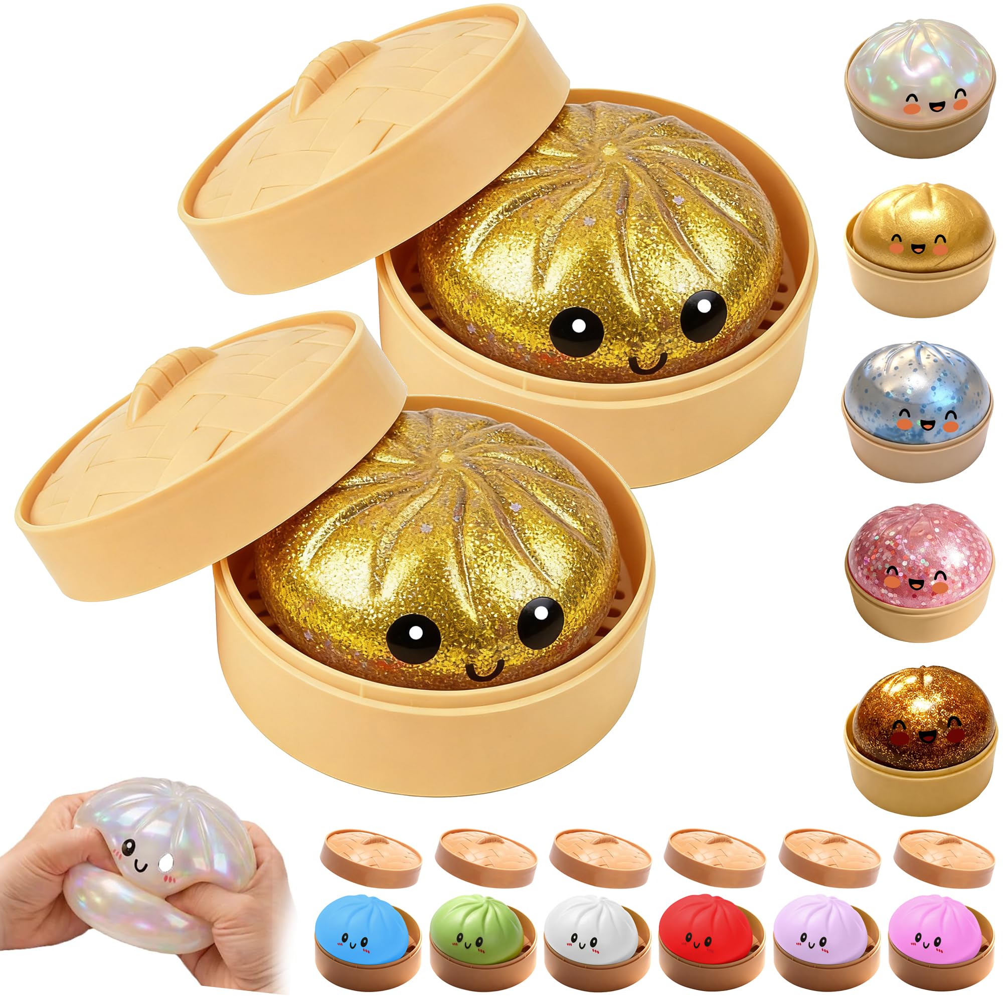 OKESYO Dumpling Squishy, 2Pcs Giant Squishy Dumpling Toy with Steamer Box, Mystery Rainbow Dumplings